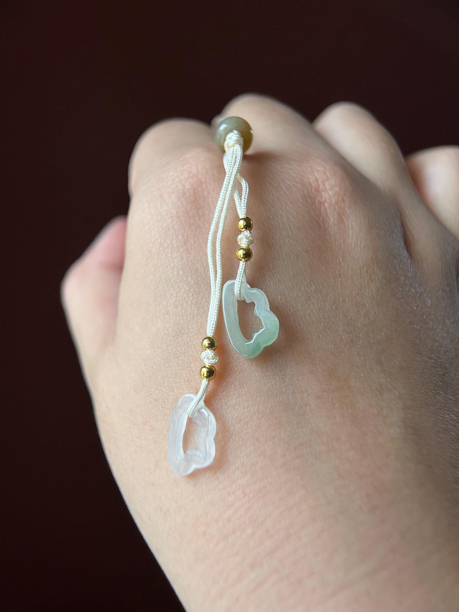 Natural Jadeite Handwoven Phone Charm Keychain Protection Authentic Untreated Type A Burmese Jade RuYi Clouds Chinese Knot