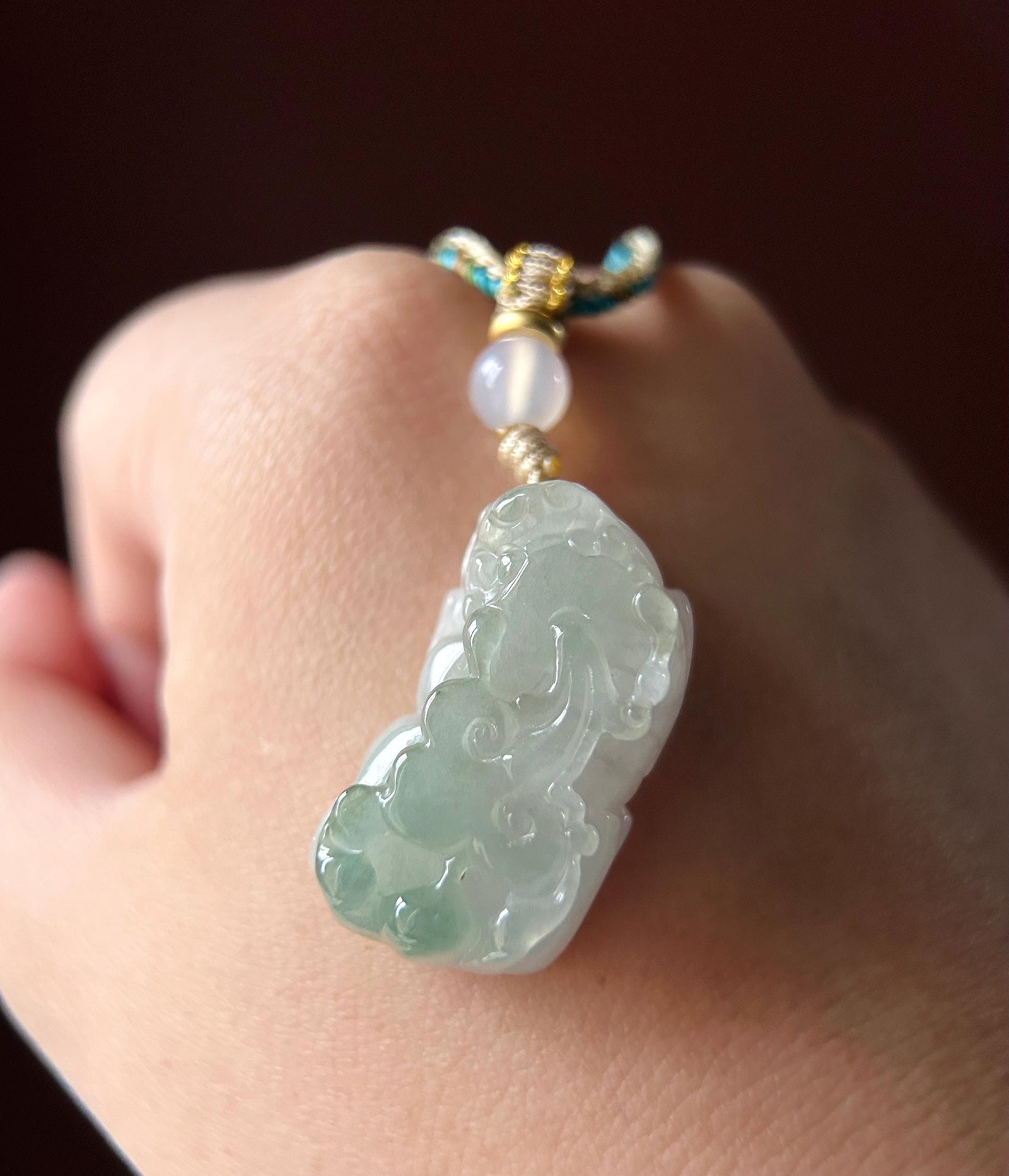 Natural Burmese Jadeite HandCarved Pixiu Pendant Handwoven Necklace Jewelry - Type A Icy Translucent Green & White Jade