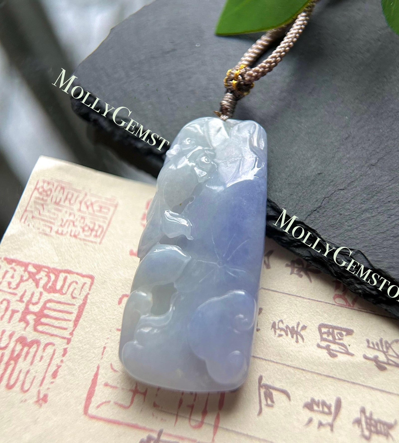 Natural Burmese Icy Lavender Purple Jadeite Goldfish & Lotus Pendant – Type A Untreated Jade – Hand Carved Lucky Fish Necklace