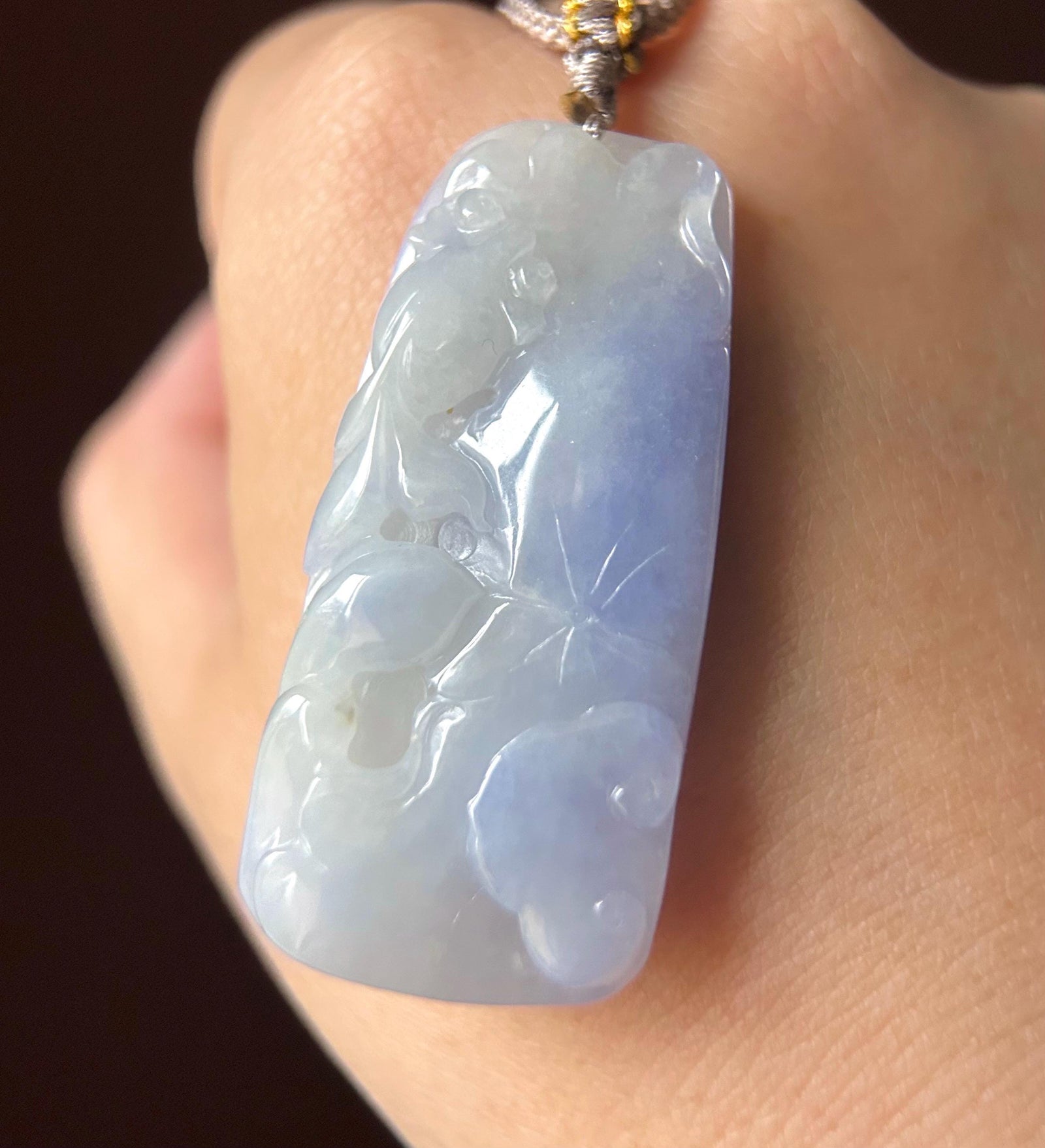 Natural Burmese Icy Lavender Purple Jadeite Goldfish & Lotus Pendant – Type A Untreated Jade – Hand Carved Lucky Fish Necklace