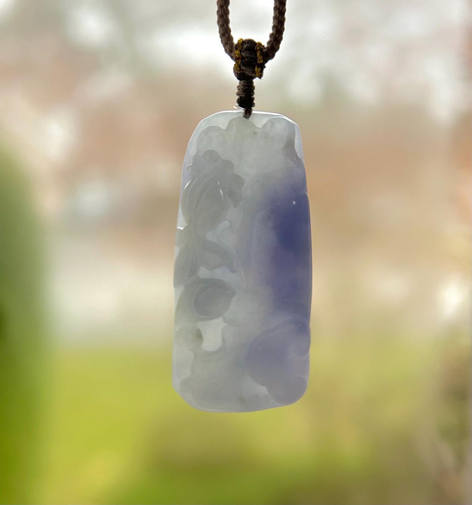 Natural Burmese Icy Lavender Purple Jadeite Goldfish & Lotus Pendant – Type A Untreated Jade – Hand Carved Lucky Fish Necklace
