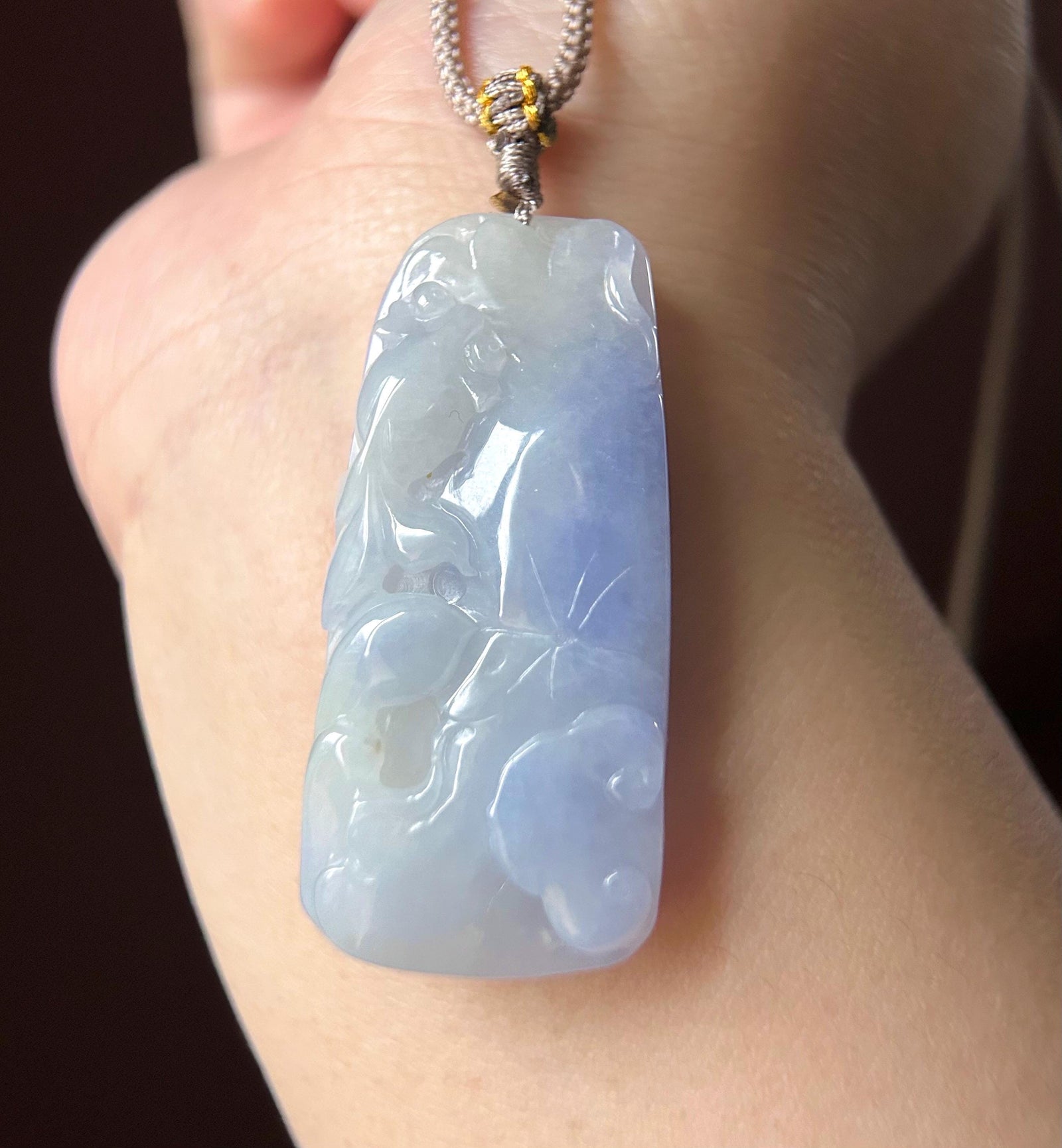 Natural Burmese Icy Lavender Purple Jadeite Goldfish & Lotus Pendant – Type A Untreated Jade – Hand Carved Lucky Fish Necklace