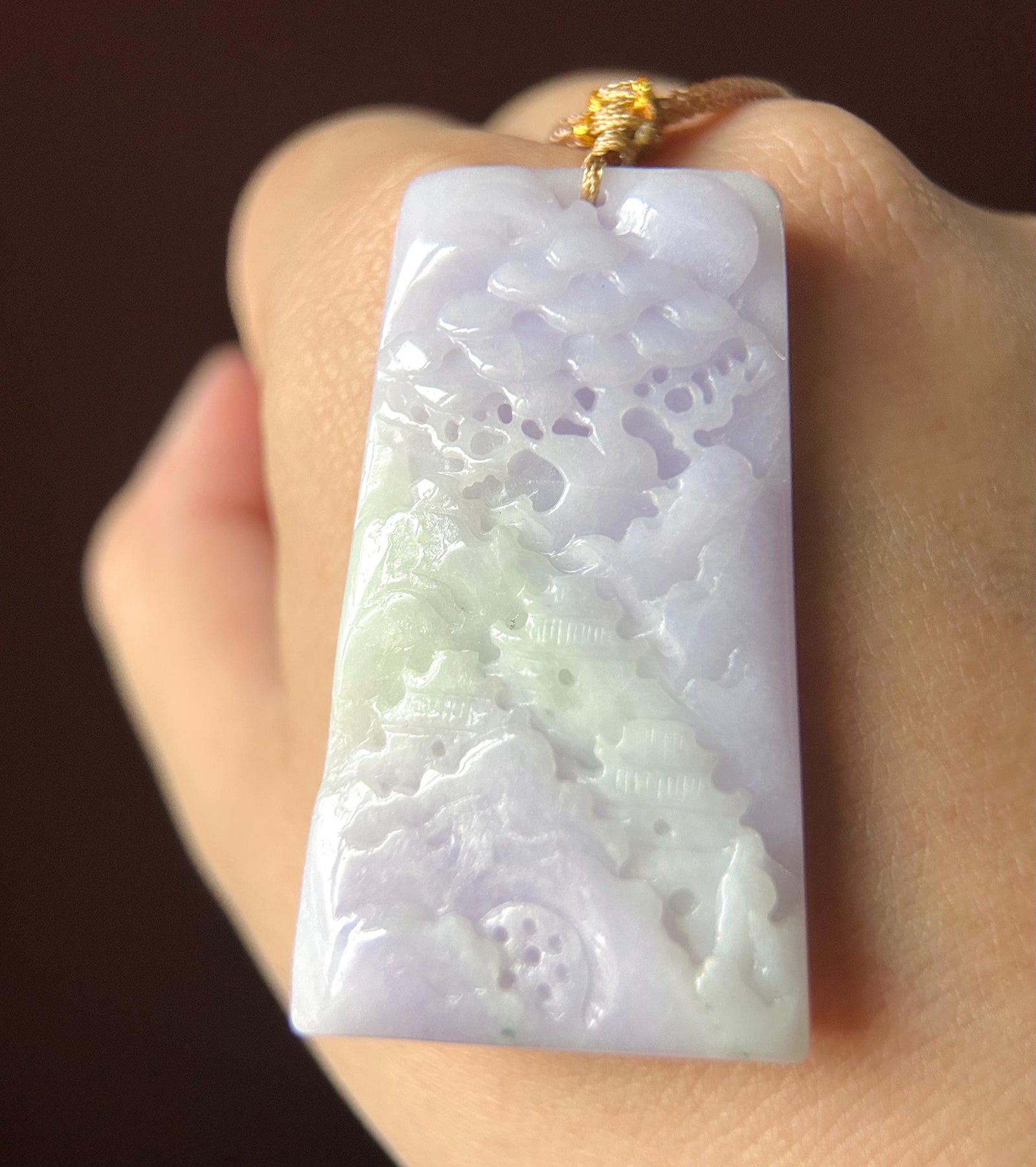 Natural Purple Jadeite Pendant, Burmese Type A Icy Pinkish Lavender Jade Landscape, Feng Shui Prosperity Amulet