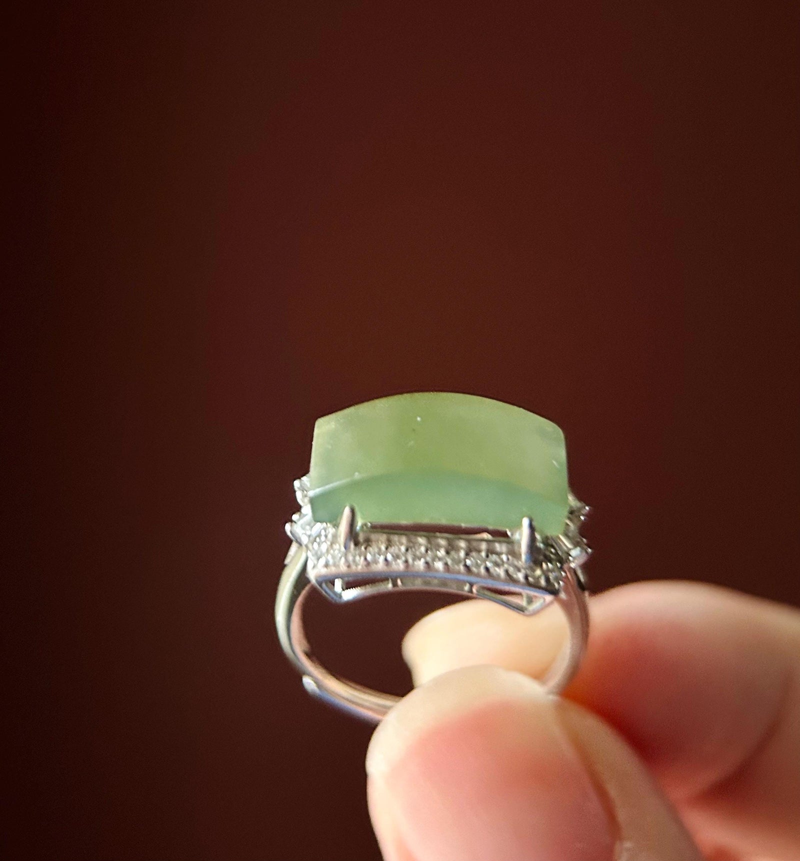 Burmese Jadeite Ring: Yellowish Green GreenTea Color Jade with Sterling Silver Adjustable Band - Certified Natural Type A