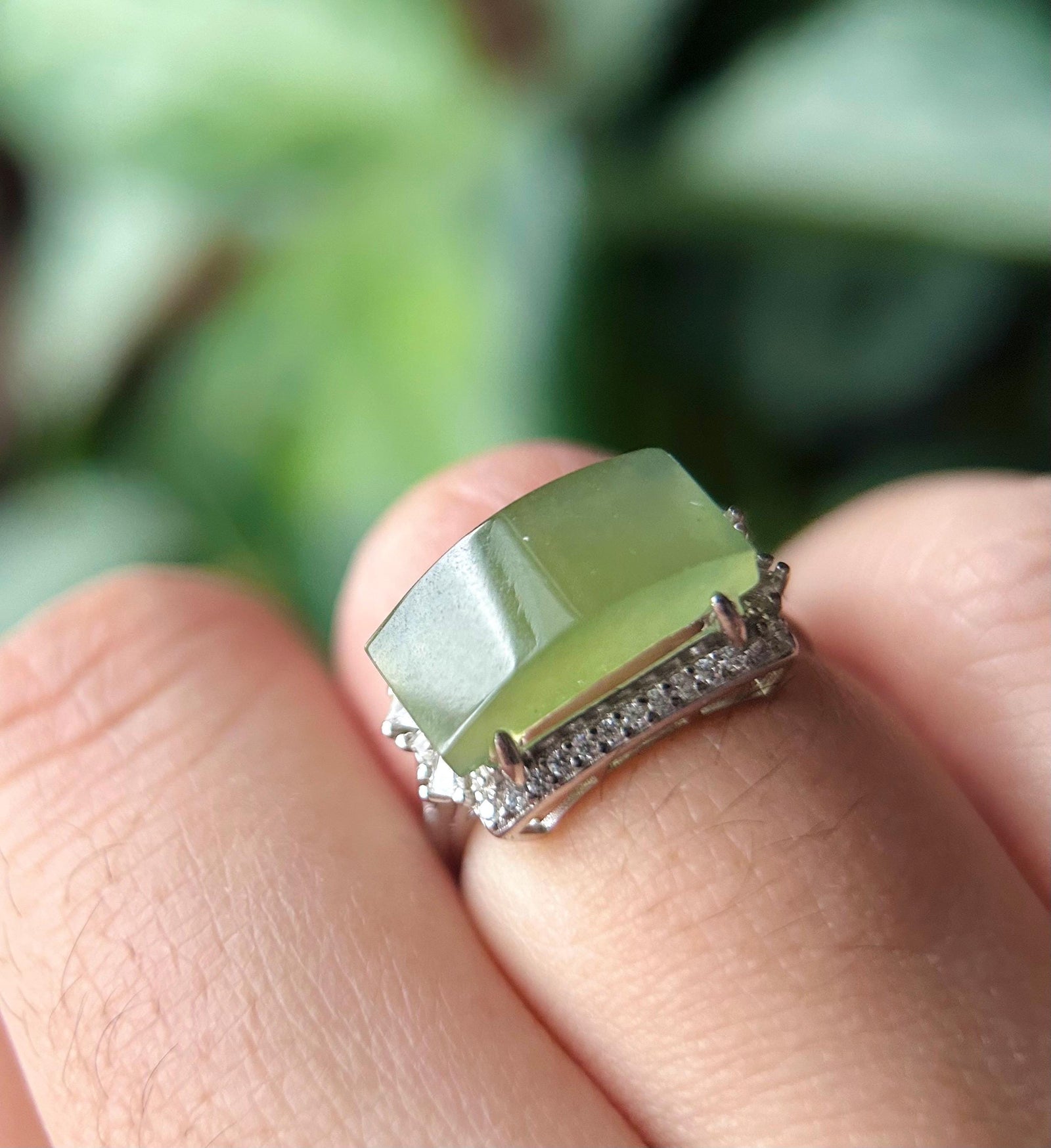 Burmese Jadeite Ring: Yellowish Green GreenTea Color Jade with Sterling Silver Adjustable Band - Certified Natural Type A