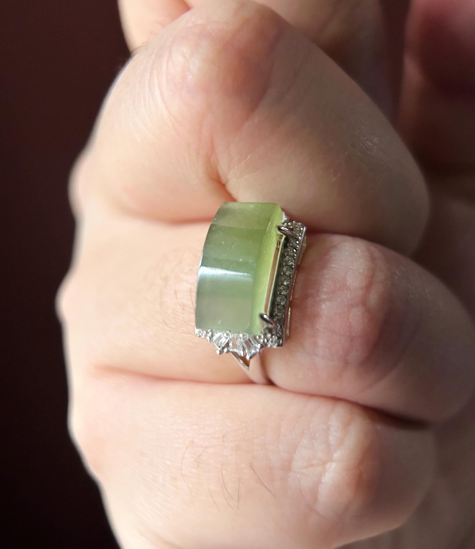 Burmese Jadeite Ring: Yellowish Green GreenTea Color Jade with Sterling Silver Adjustable Band - Certified Natural Type A
