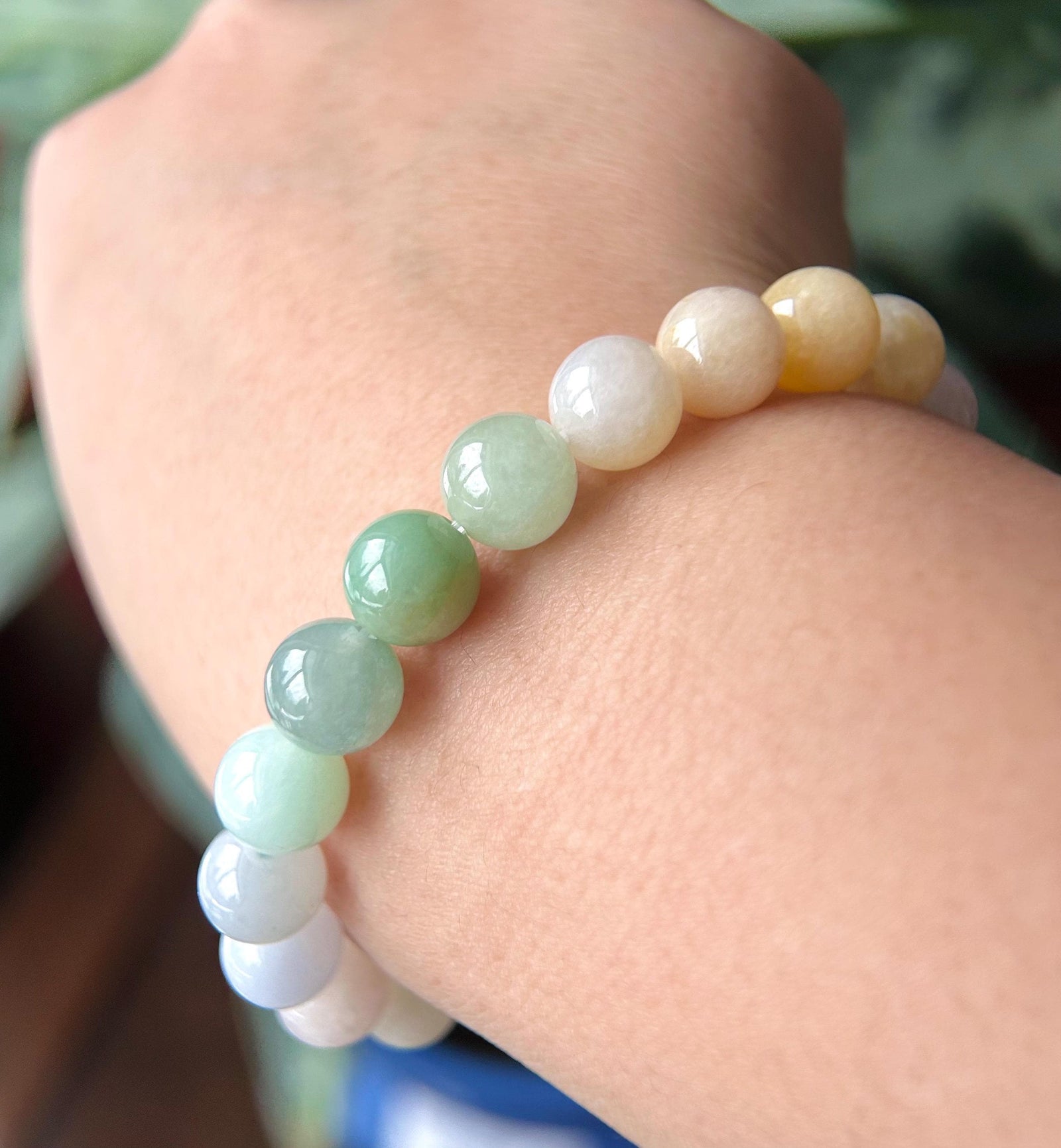 Natural Jadeite Beaded Bracelet Burmese Type A Highly Translucent Icy Rainbow Multicolor Jade 9.5mm