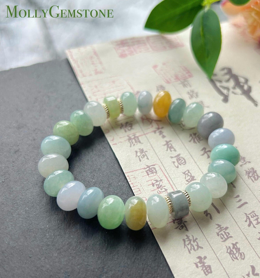 Natural Jadeite Beaded Bracelet Burmese Type A Highly Translucent Icy Rainbow Multicolor Jade 10-11mm