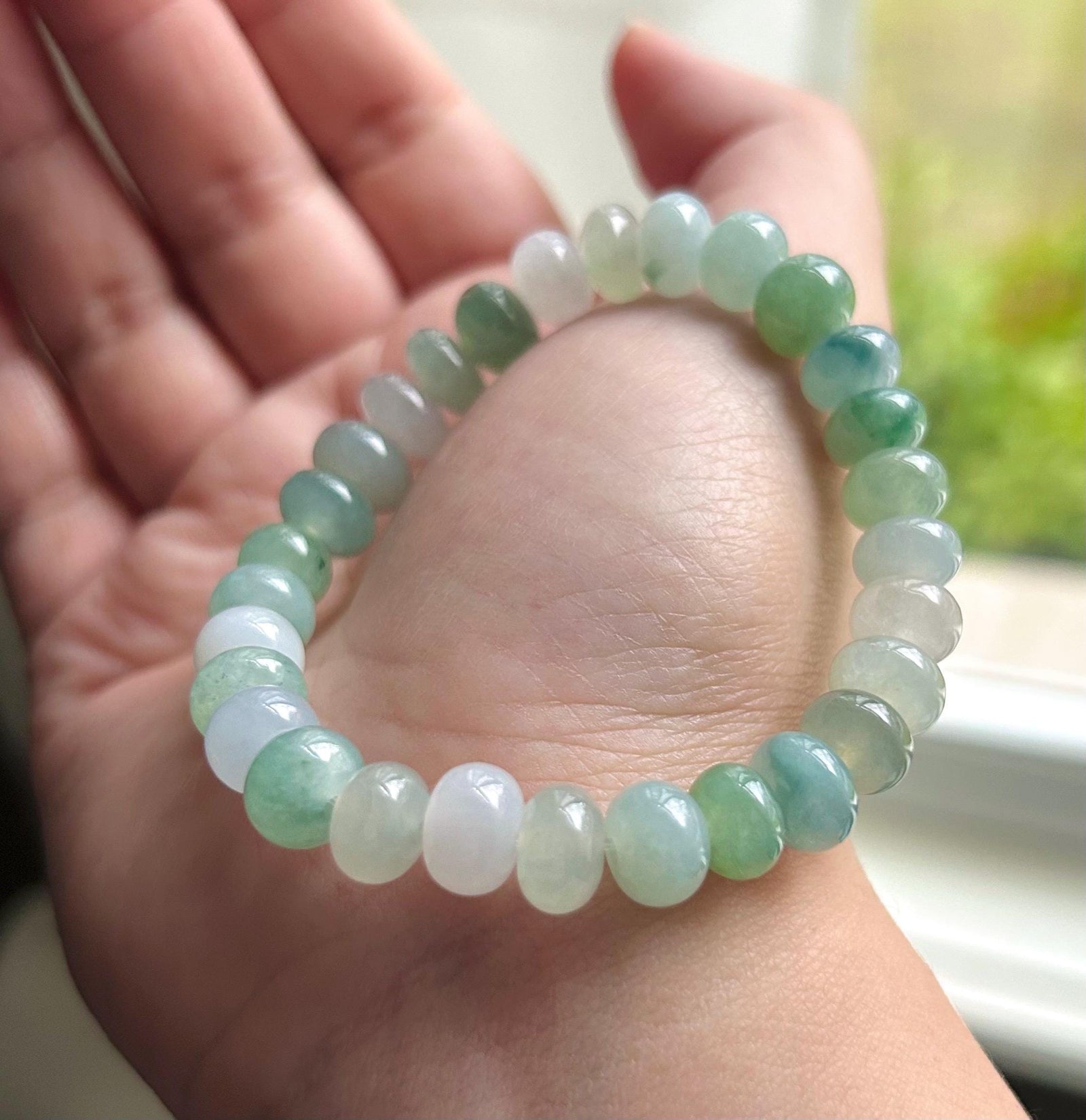 Natural Jadeite Beaded Bracelet Burmese Type A High-End Highly Translucent Icy Green/Blue Multicolor Jade 9mm