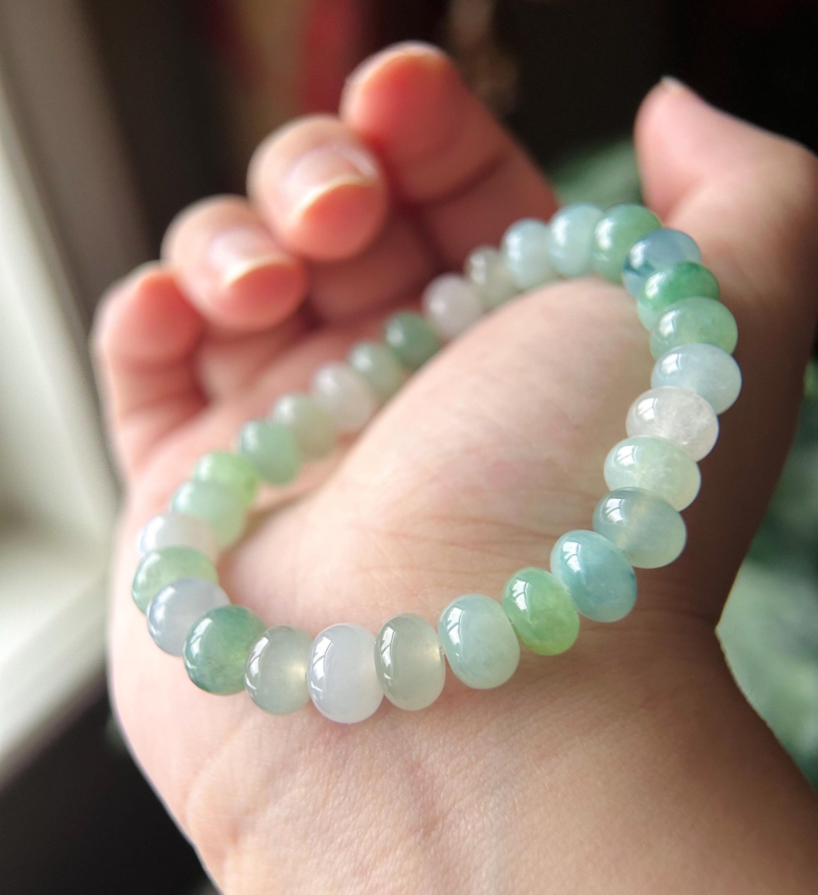 Natural Jadeite Beaded Bracelet Burmese Type A High-End Highly Translucent Icy Green/Blue Multicolor Jade 9mm