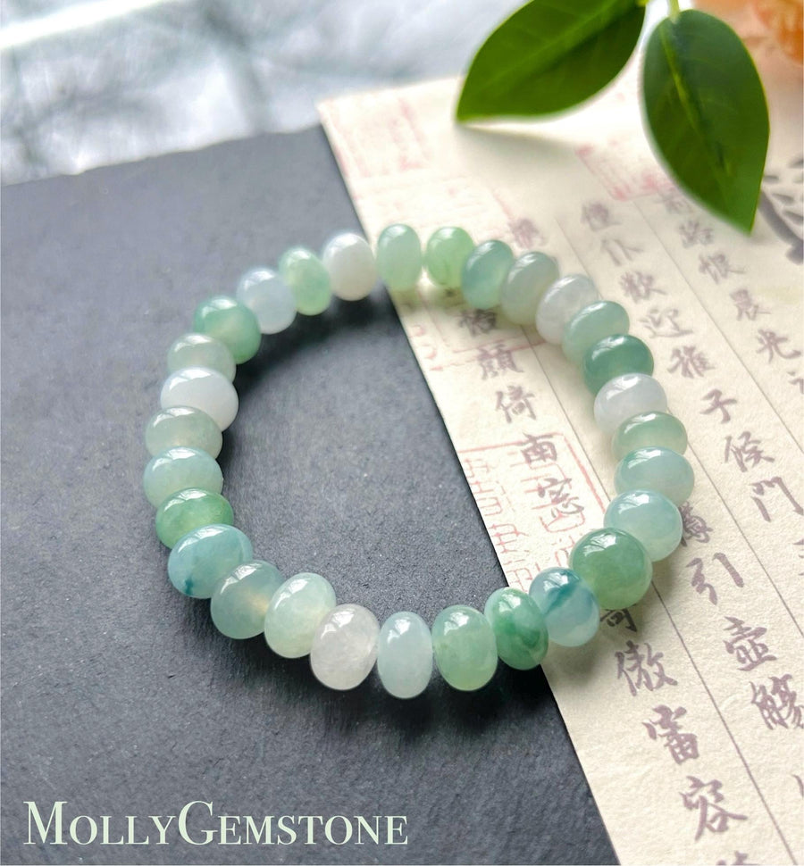 Natural Jadeite Beaded Bracelet Burmese Type A High-End Highly Translucent Icy Green/Blue Multicolor Jade 9mm