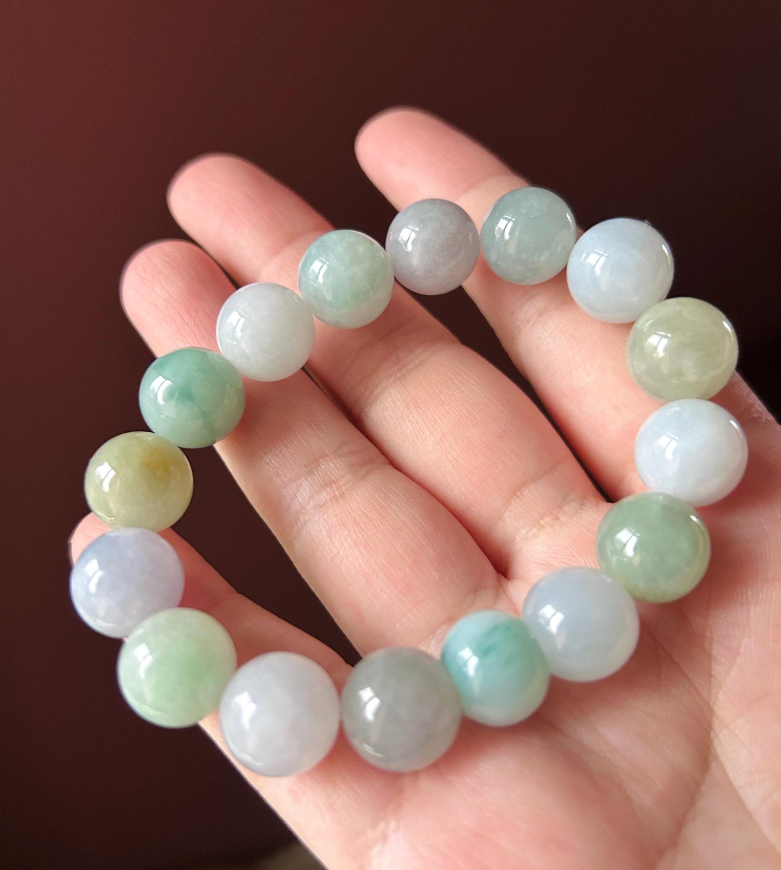 Natural Jadeite Beaded Bracelet Burmese Type A Untreated Icy Translucent Pastel Multicolored Jade 12mm BIG Beads