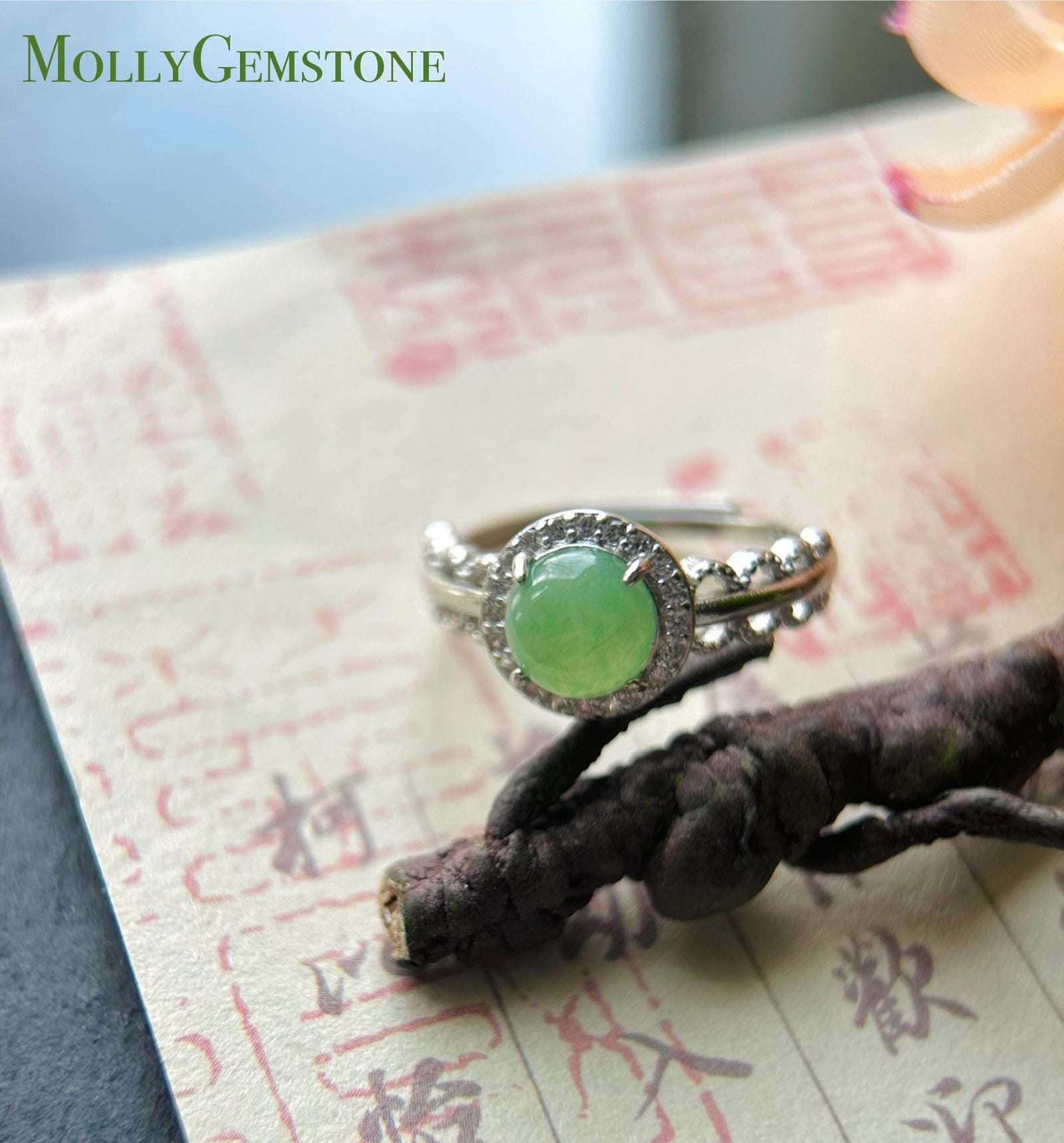 Natural Jadeite Adjustable Ring Burmese Type A fine glutinous Mint Apple Green Jade with Sterling Silver