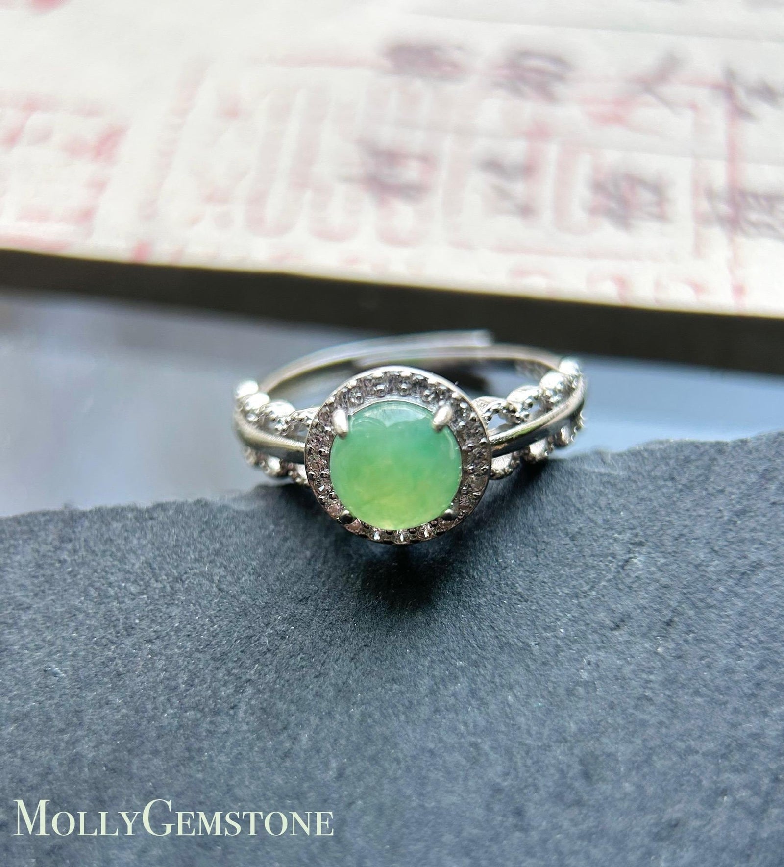 Natural Jadeite Adjustable Ring Burmese Type A fine glutinous Mint Apple Green Jade with Sterling Silver