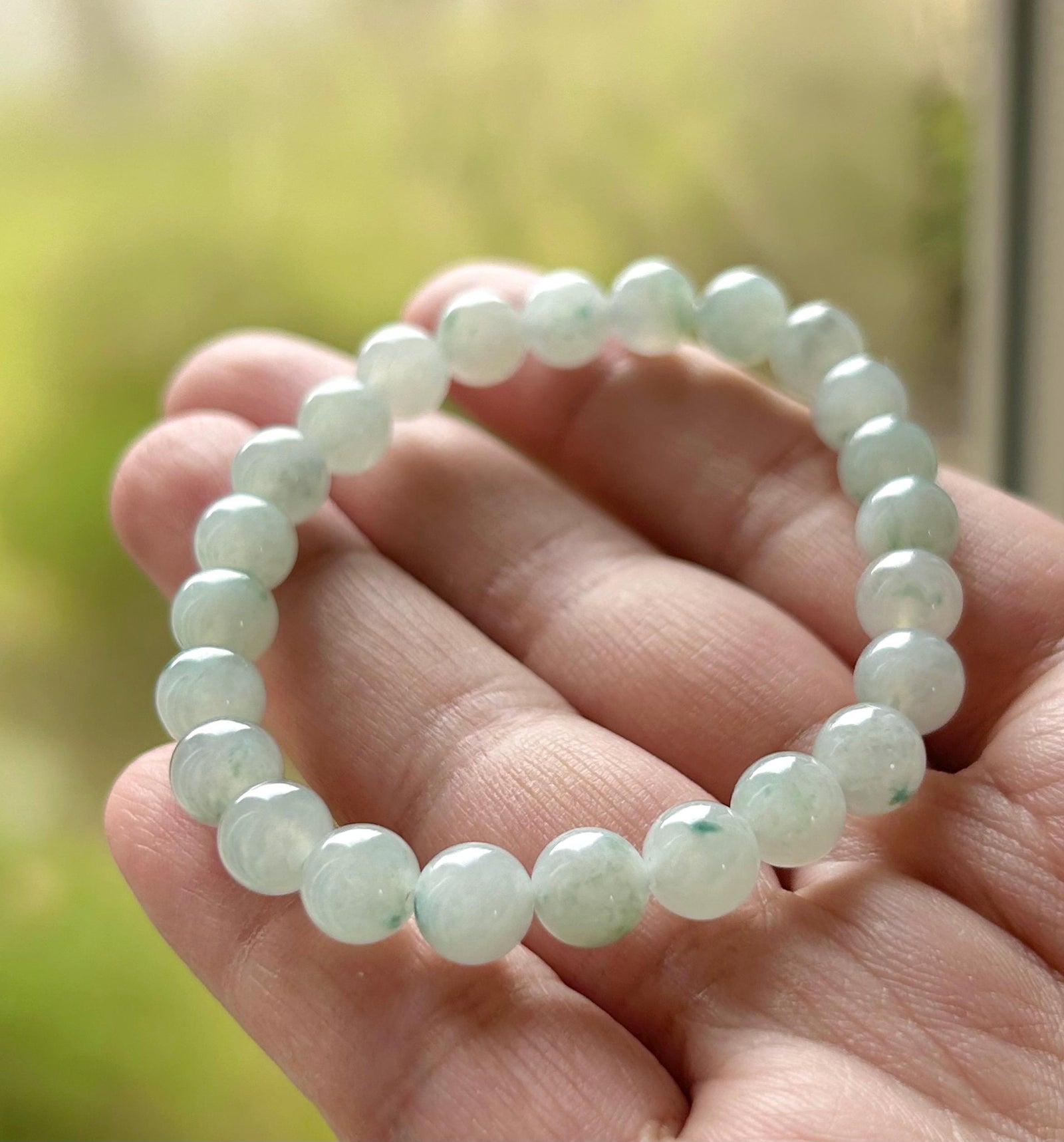 Natural Burmese Type A Jadeite Beaded Bracelet – Icy Translucent Light Blue Floral Jade, 7.4mm