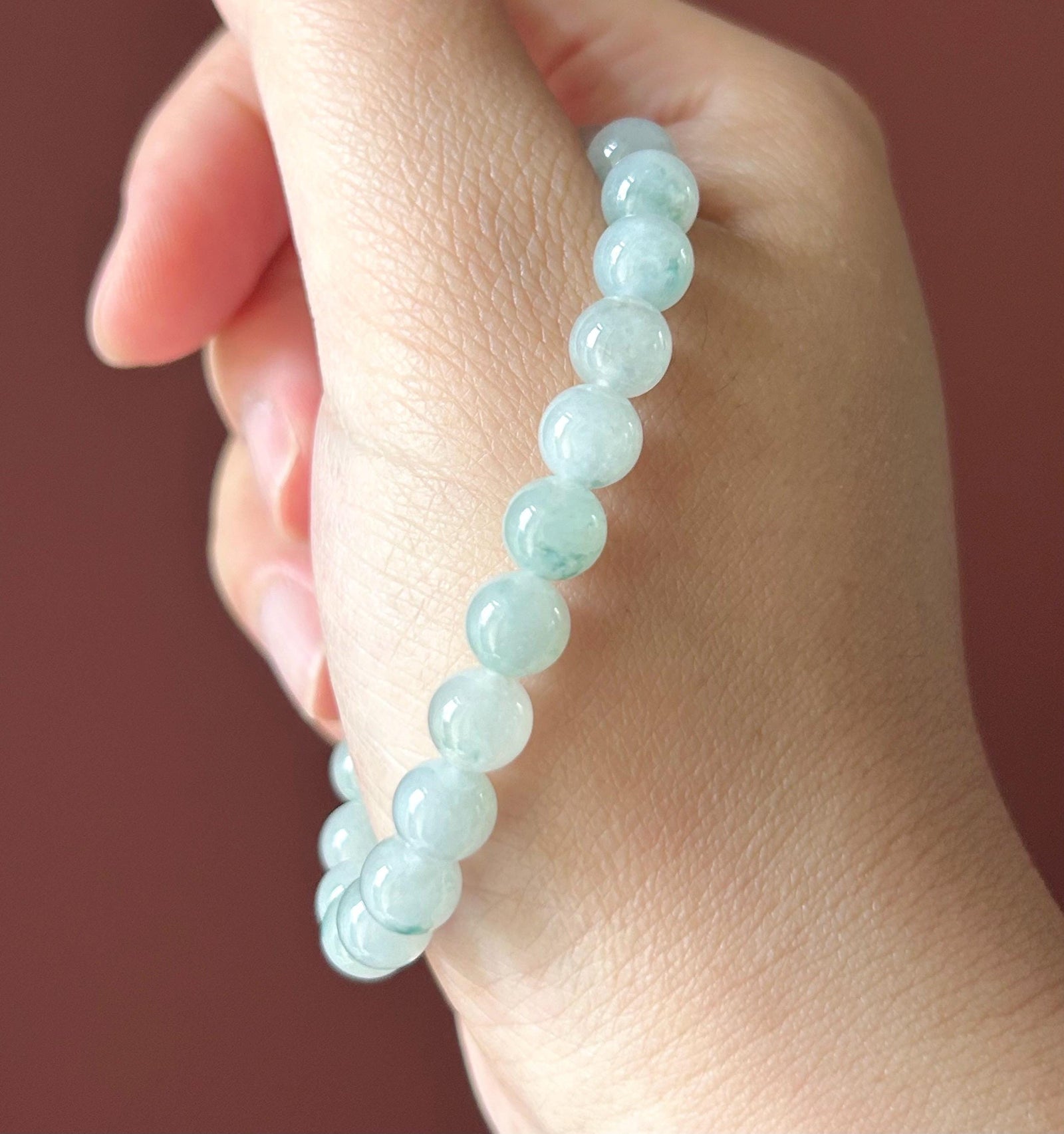 Natural Burmese Type A Jadeite Beaded Bracelet – Icy Translucent Light Blue Floral Jade, 7.4mm