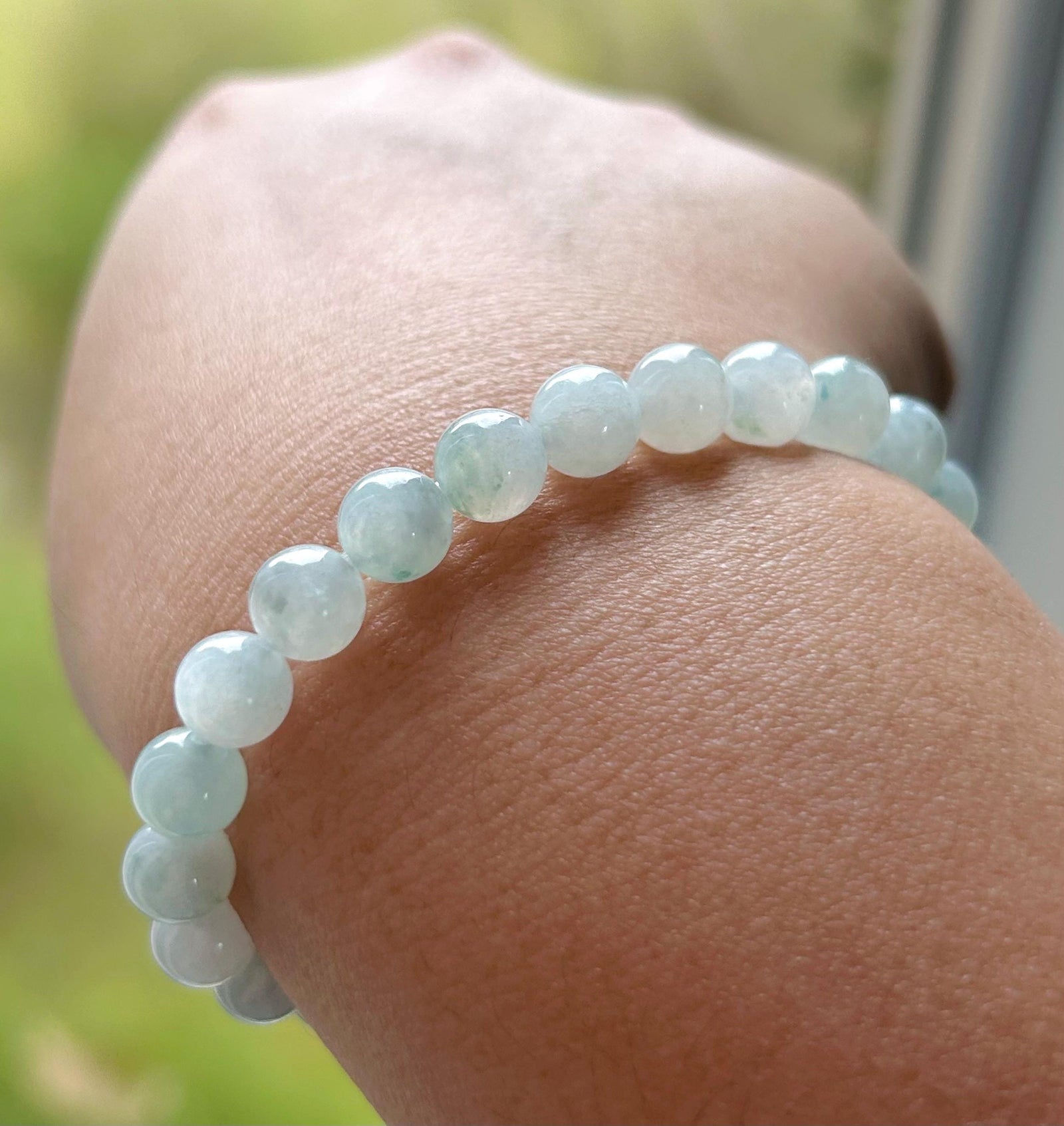 Natural Burmese Type A Jadeite Beaded Bracelet – Icy Translucent Light Blue Floral Jade, 7.4mm