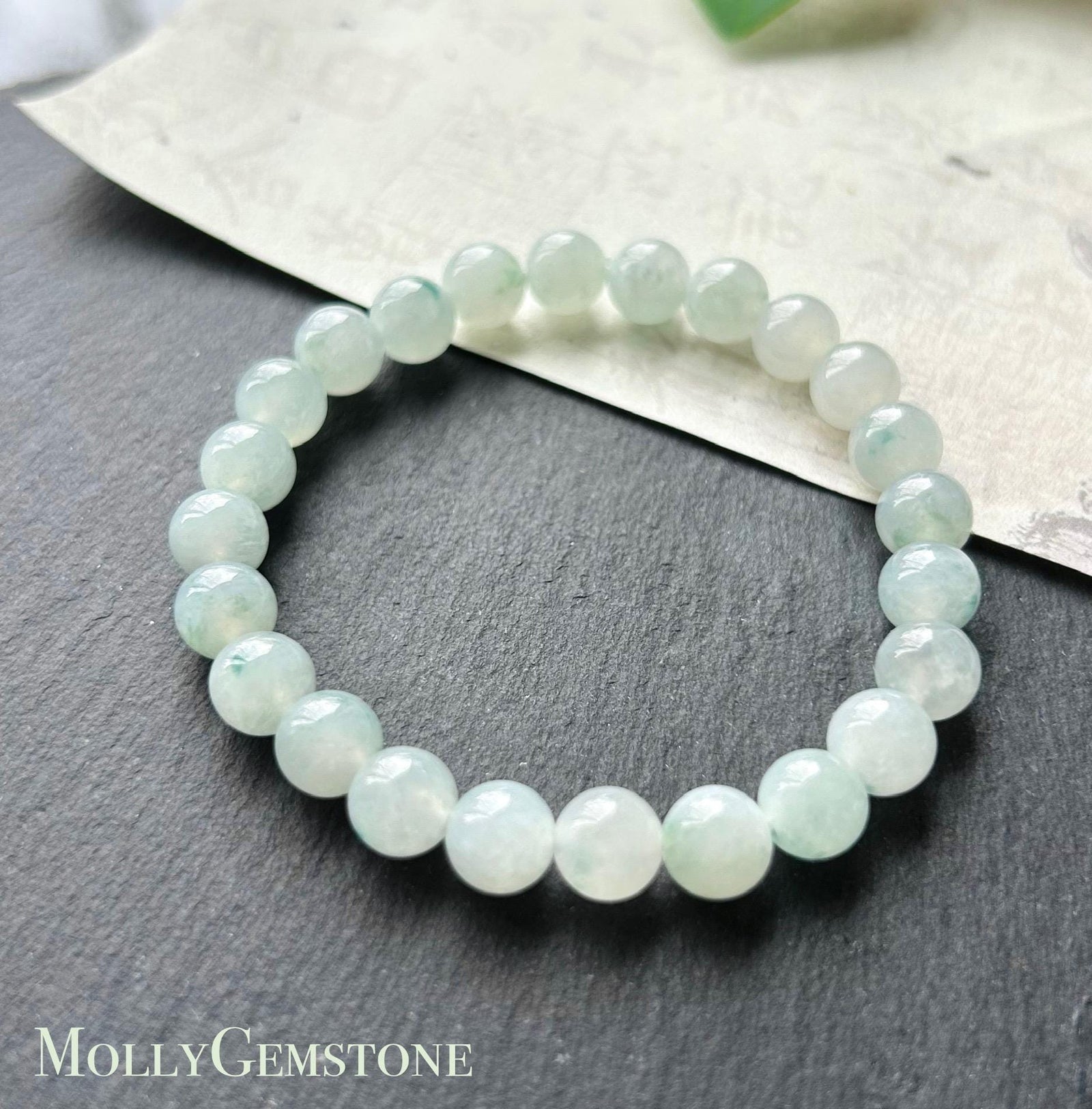 Natural Burmese Type A Jadeite Beaded Bracelet – Icy Translucent Light Blue Floral Jade, 7.4mm