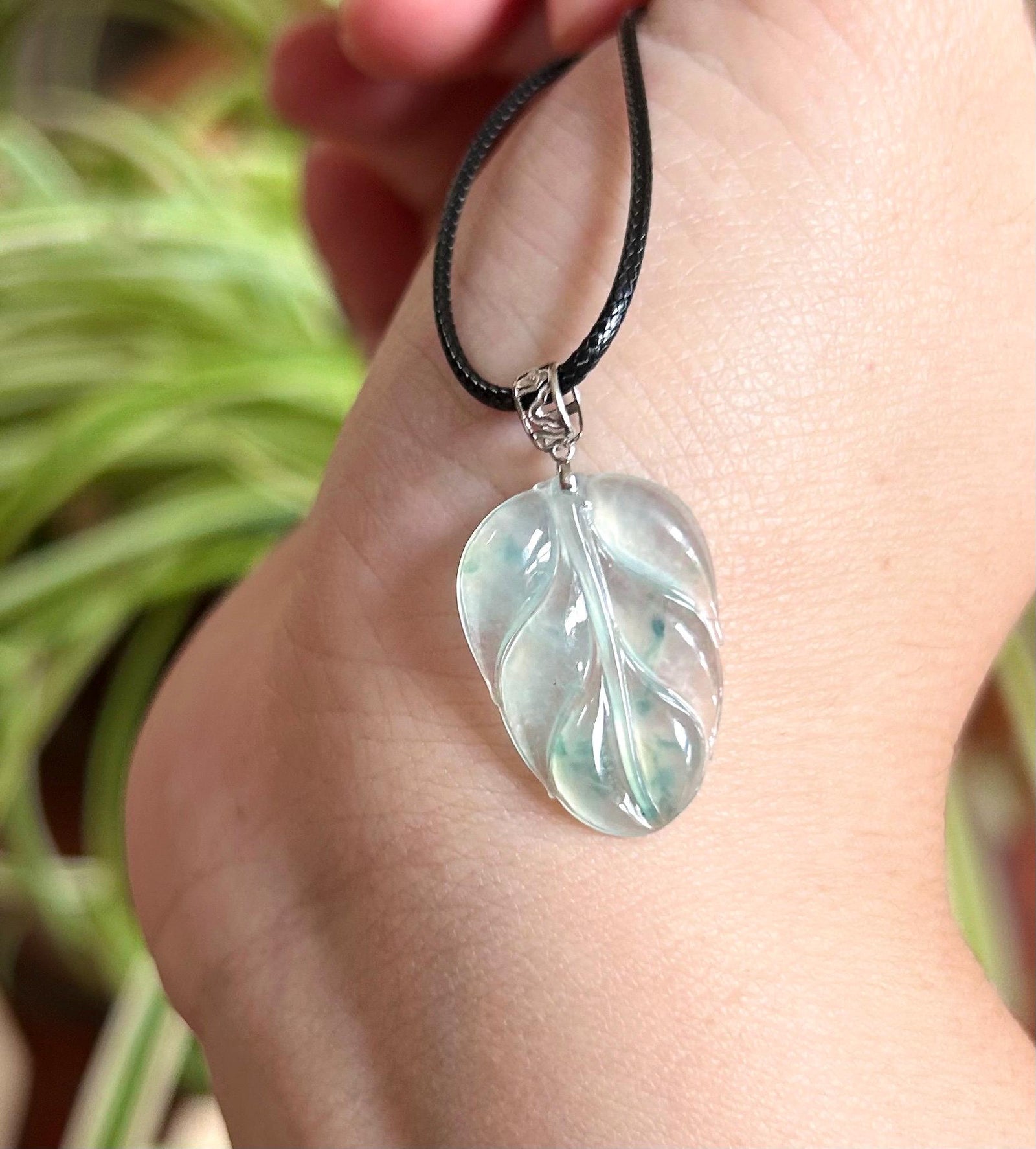 Natural Burmese Type A Jadeite Leaf Pendant – Icy Green/Blue Floral Super High Translucency Jade, Solid 18K Gold Bail