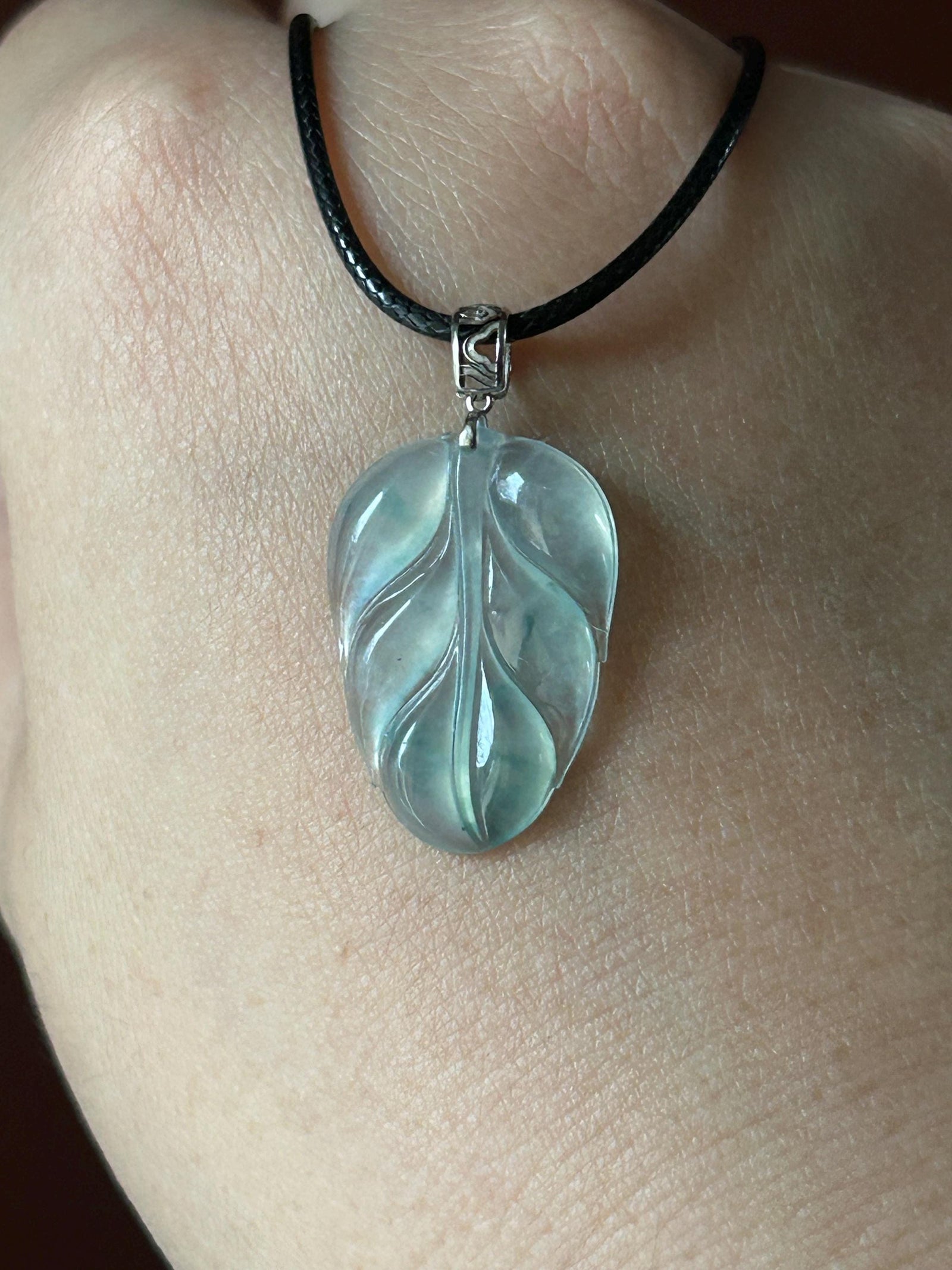 Natural Burmese Type A Jadeite Leaf Pendant – Icy Green/Blue Floral Super High Translucency Jade, Solid 18K Gold Bail