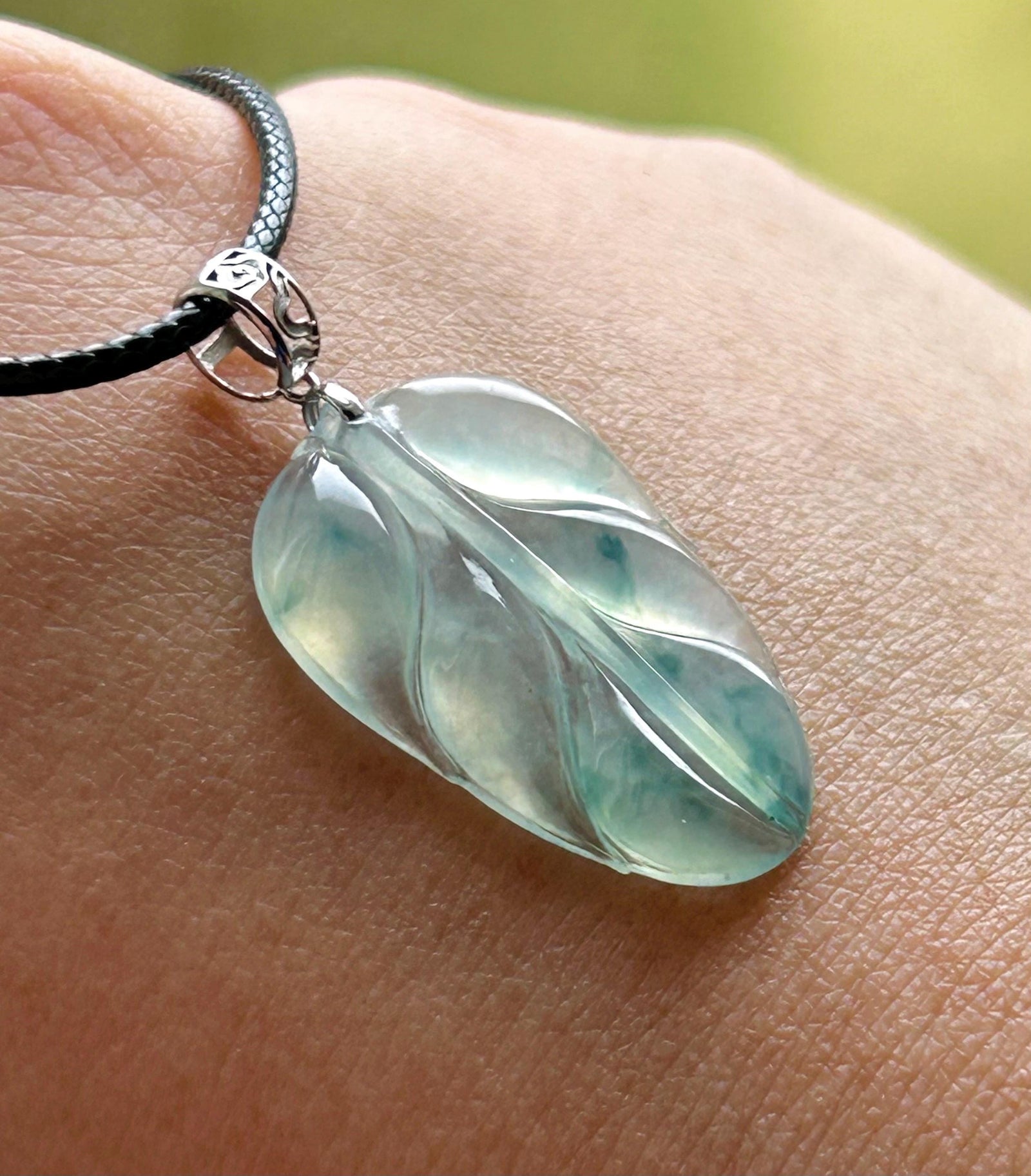 Natural Burmese Type A Jadeite Leaf Pendant – Icy Green/Blue Floral Super High Translucency Jade, Solid 18K Gold Bail