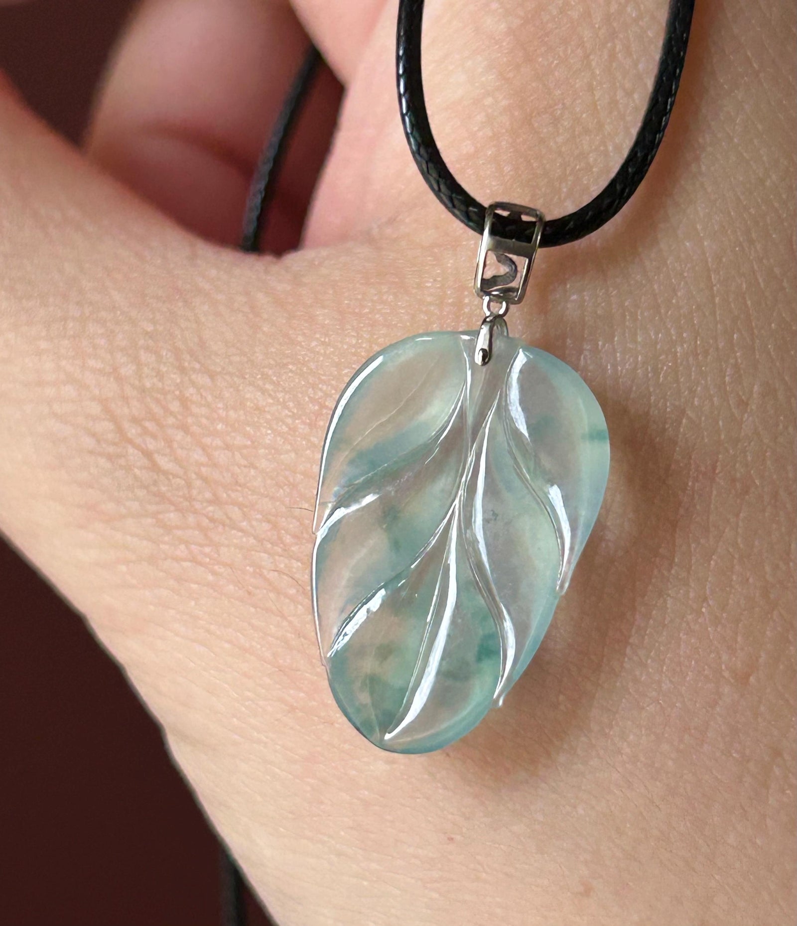 Natural Burmese Type A Jadeite Leaf Pendant – Icy Green/Blue Floral Super High Translucency Jade, Solid 18K Gold Bail
