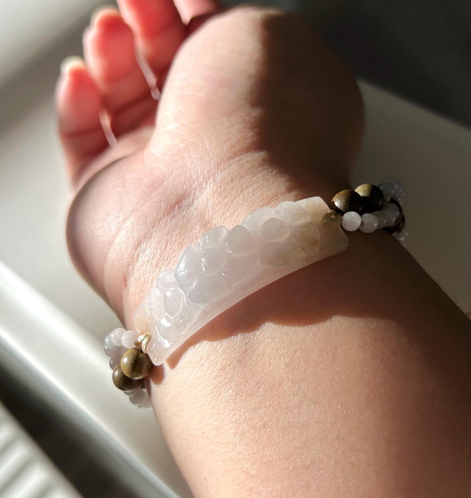 Natural Jadeite Plaque & Sandlewood Handwoven Bracelet Authentic Burmese Untreated Icy Translucent Type A White Red Floral Jade