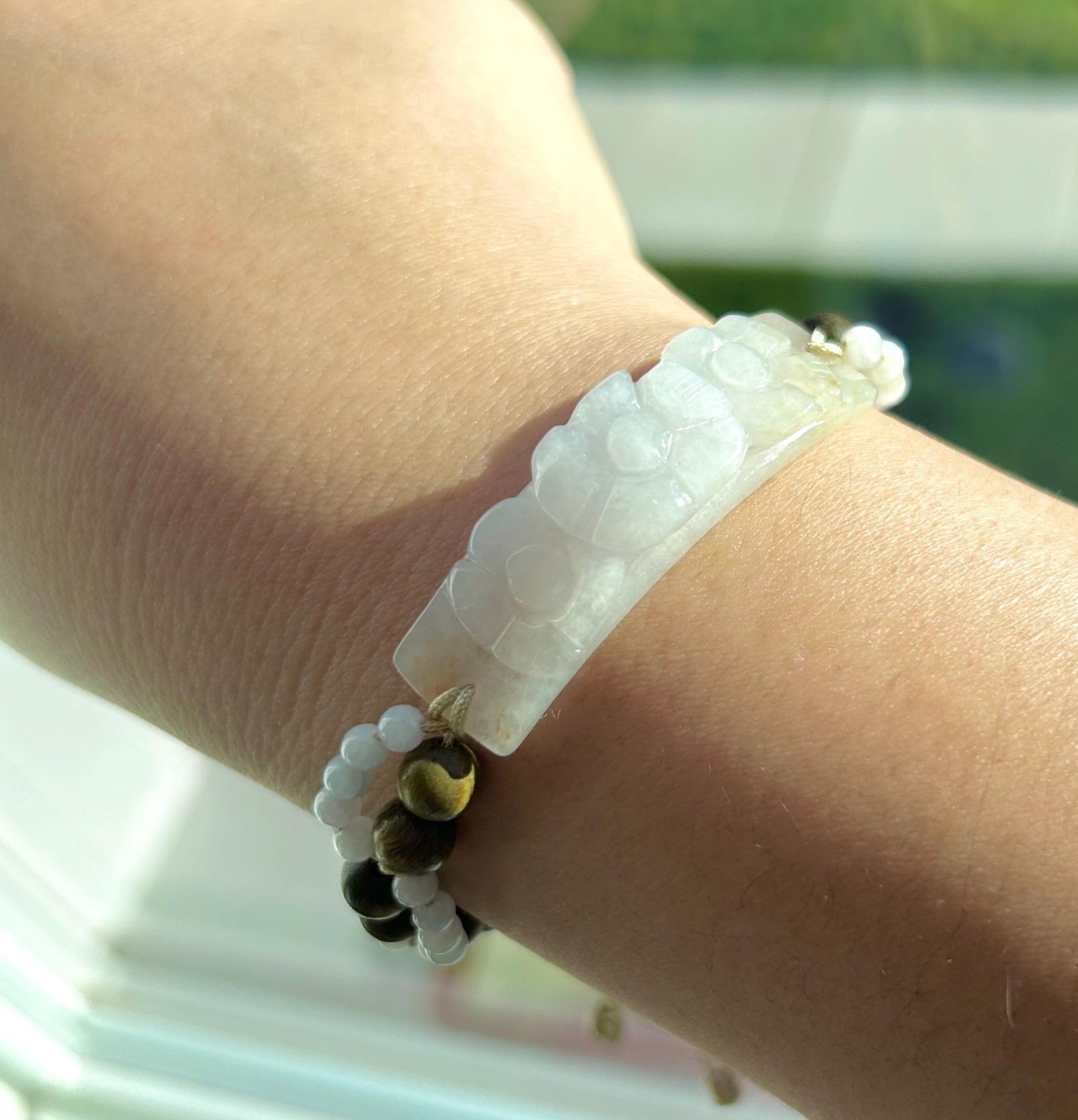 Natural Jadeite Plaque & Sandlewood Handwoven Bracelet Authentic Burmese Untreated Icy Translucent Type A White Red Floral Jade