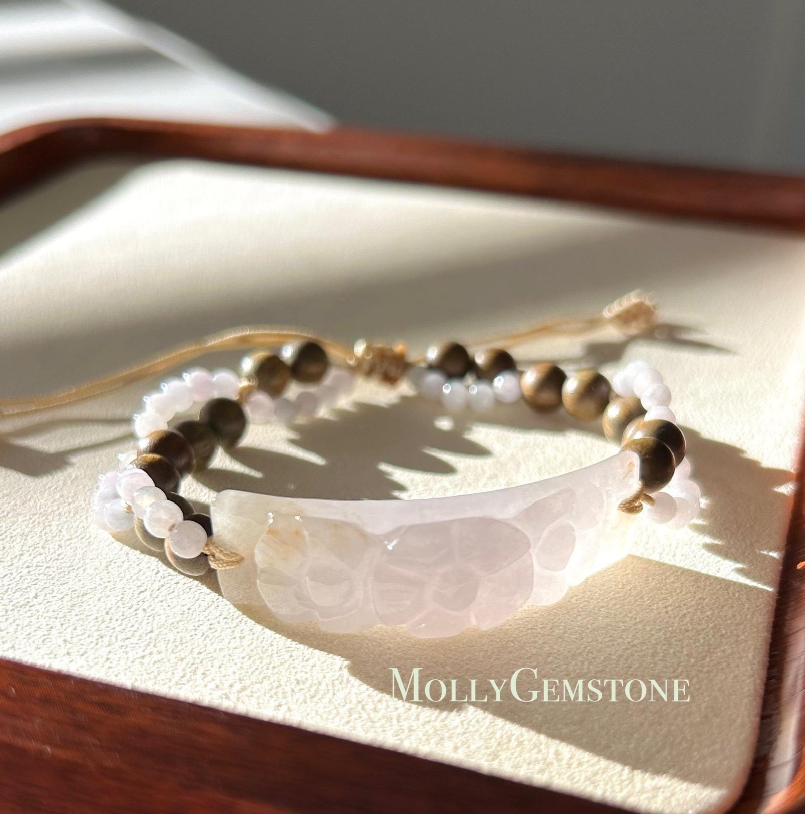 Natural Jadeite Plaque & Sandlewood Handwoven Bracelet Authentic Burmese Untreated Icy Translucent Type A White Red Floral Jade