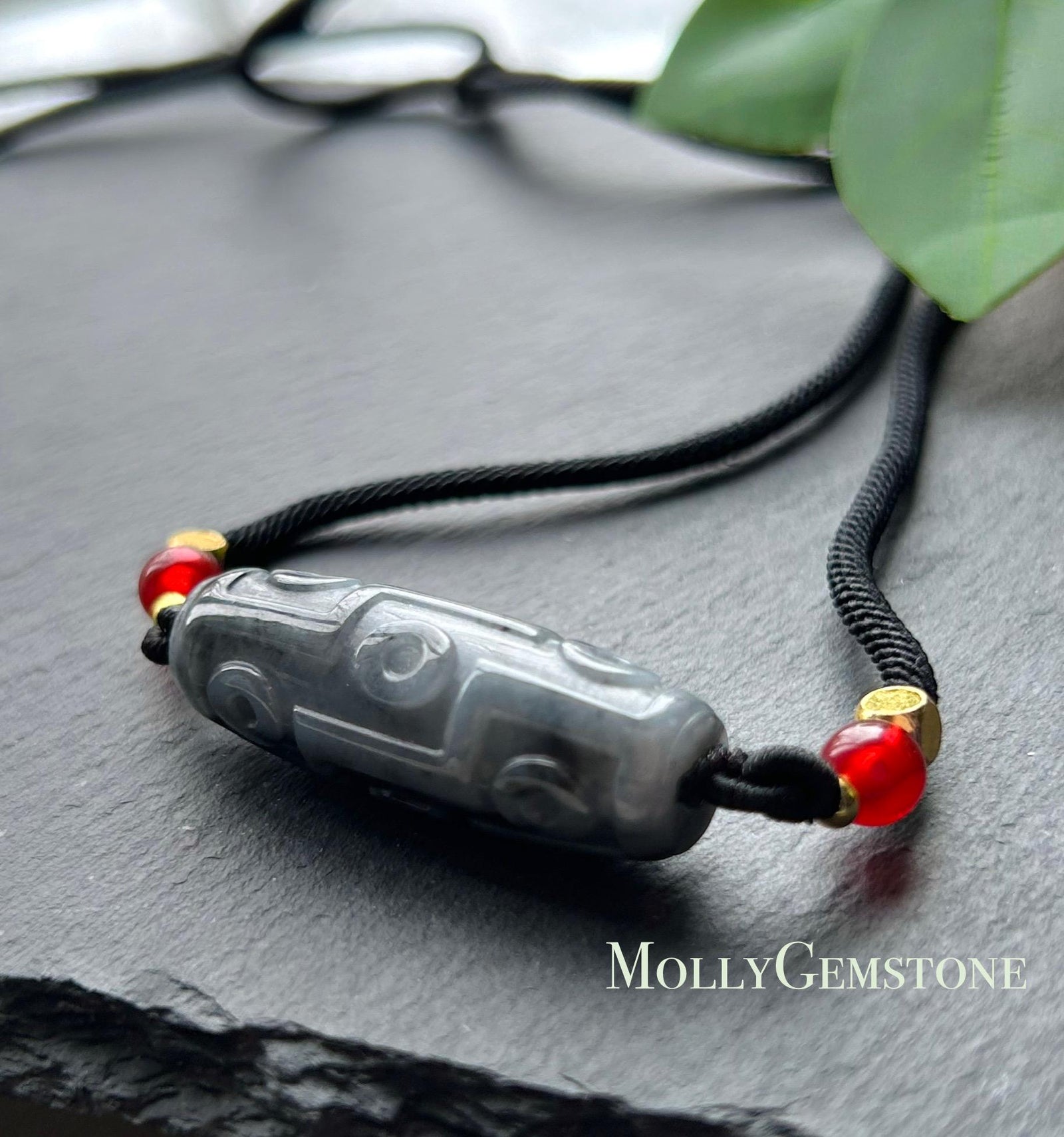 Natural Black Jadeite Dzi Bead Adjustable Handwoven Necklace Burmese Type A Icy Gelatinous Wuji Jade Protection & Grounding