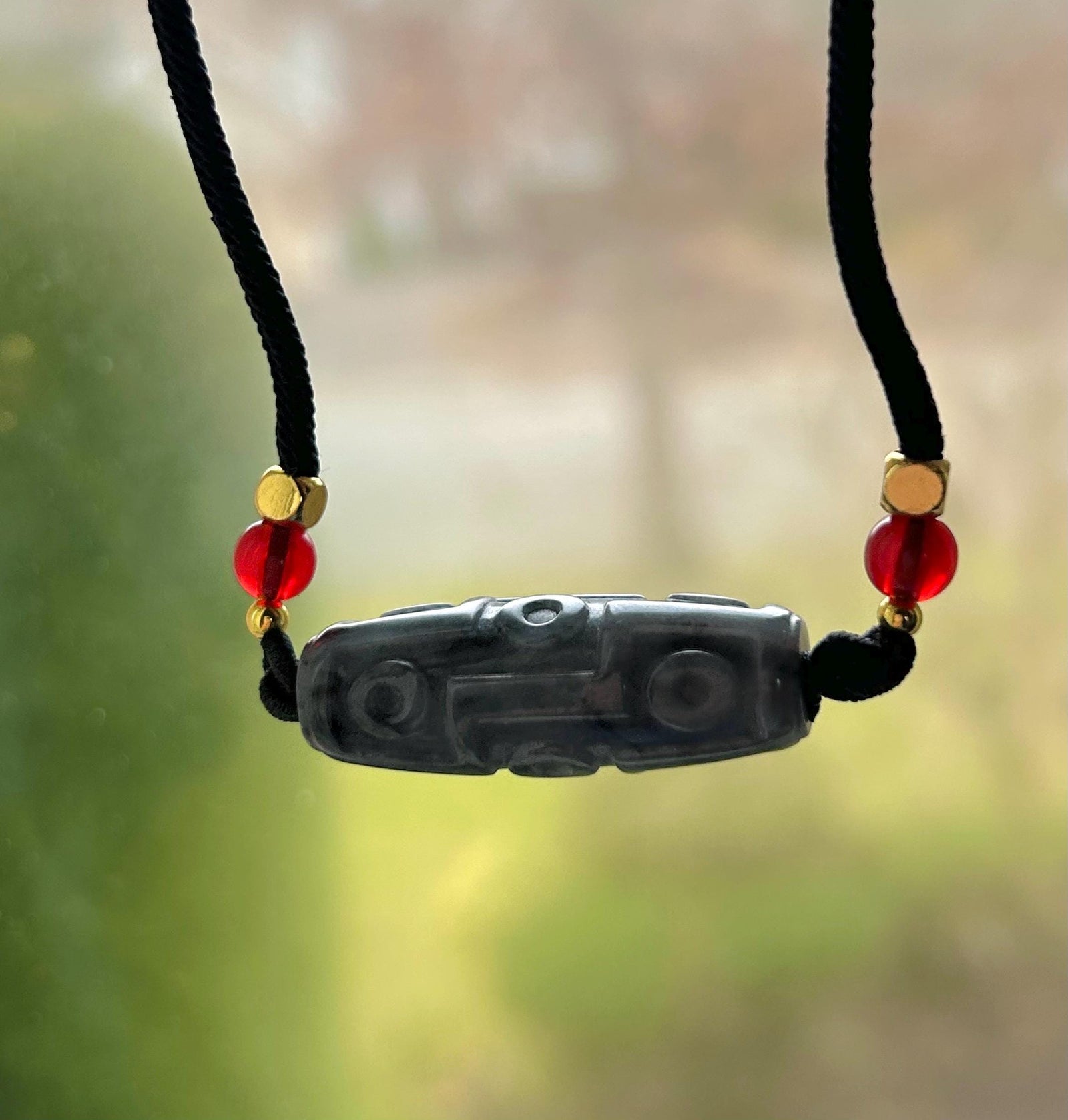 Natural Black Jadeite Dzi Bead Adjustable Handwoven Necklace Burmese Type A Icy Gelatinous Wuji Jade Protection & Grounding