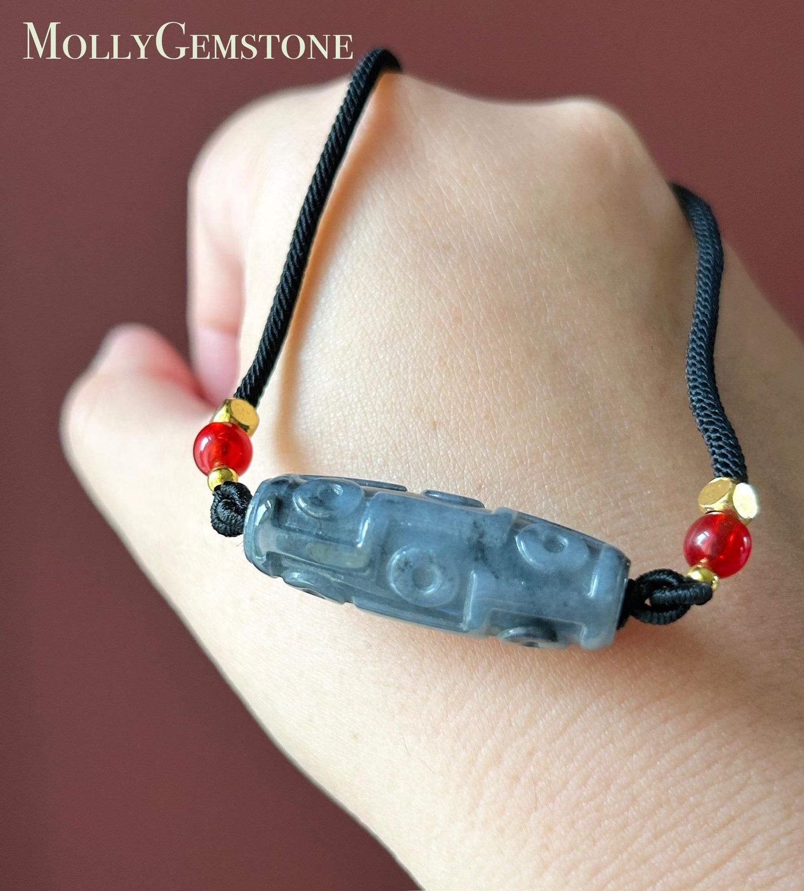 Natural Black Jadeite Dzi Bead Adjustable Handwoven Necklace Burmese Type A Icy Gelatinous Wuji Jade Protection & Grounding