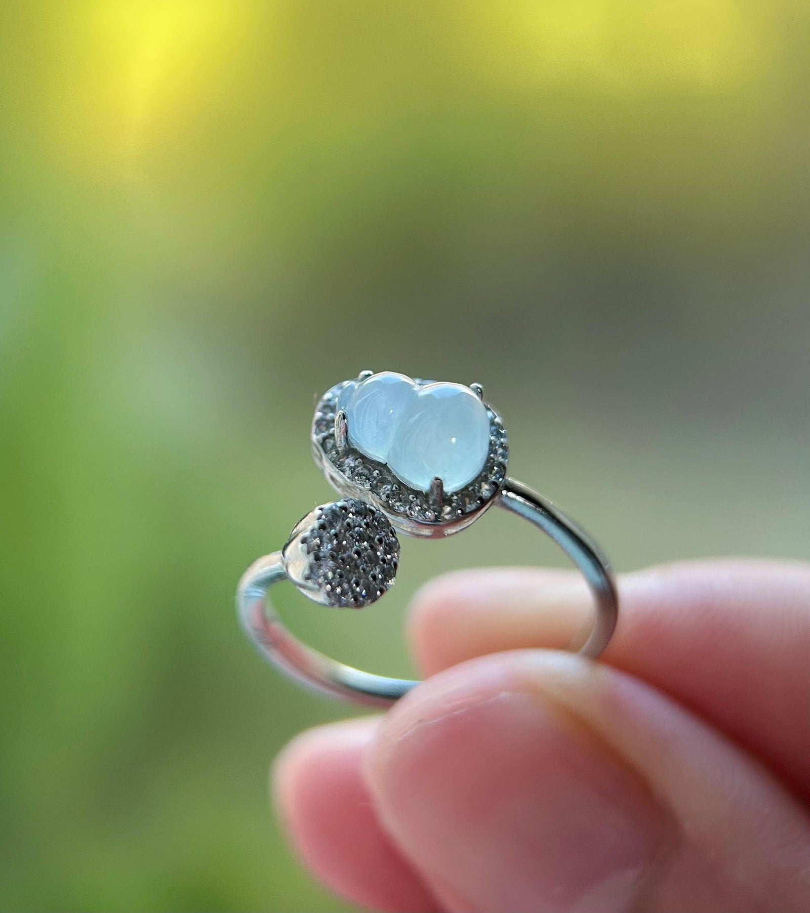 Natural Jadeite Hulu & 925 Sterling Silver Adjustable Ring Burmese Type A Highly Translucent Icy White Jade