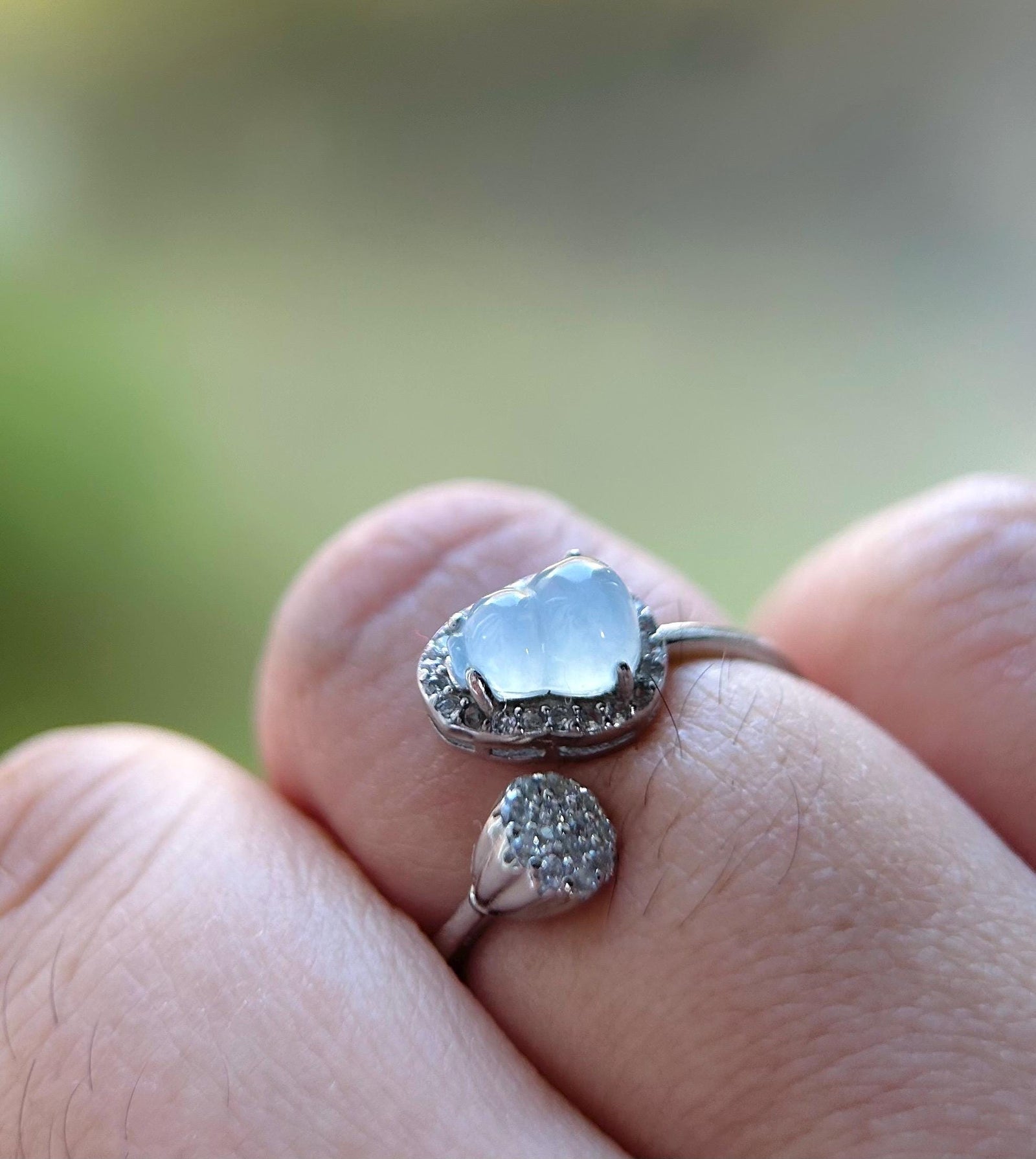 Natural Jadeite Hulu & 925 Sterling Silver Adjustable Ring Burmese Type A Highly Translucent Icy White Jade