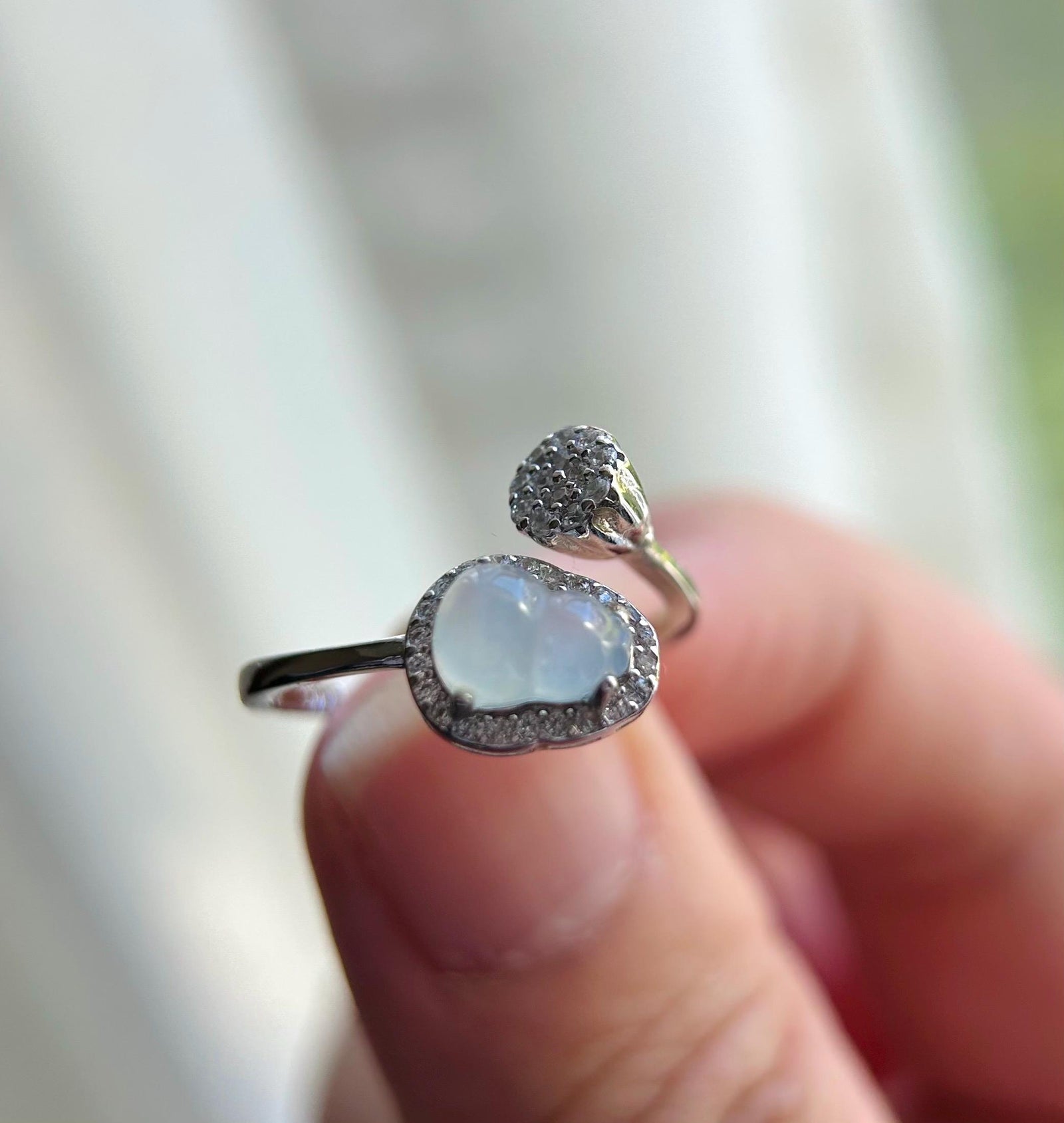 Natural Jadeite Hulu & 925 Sterling Silver Adjustable Ring Burmese Type A Highly Translucent Icy White Jade