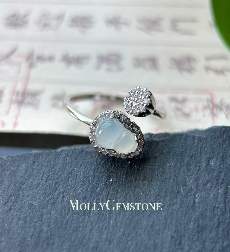 Natural Jadeite Hulu & 925 Sterling Silver Adjustable Ring Burmese Type A Highly Translucent Icy White Jade