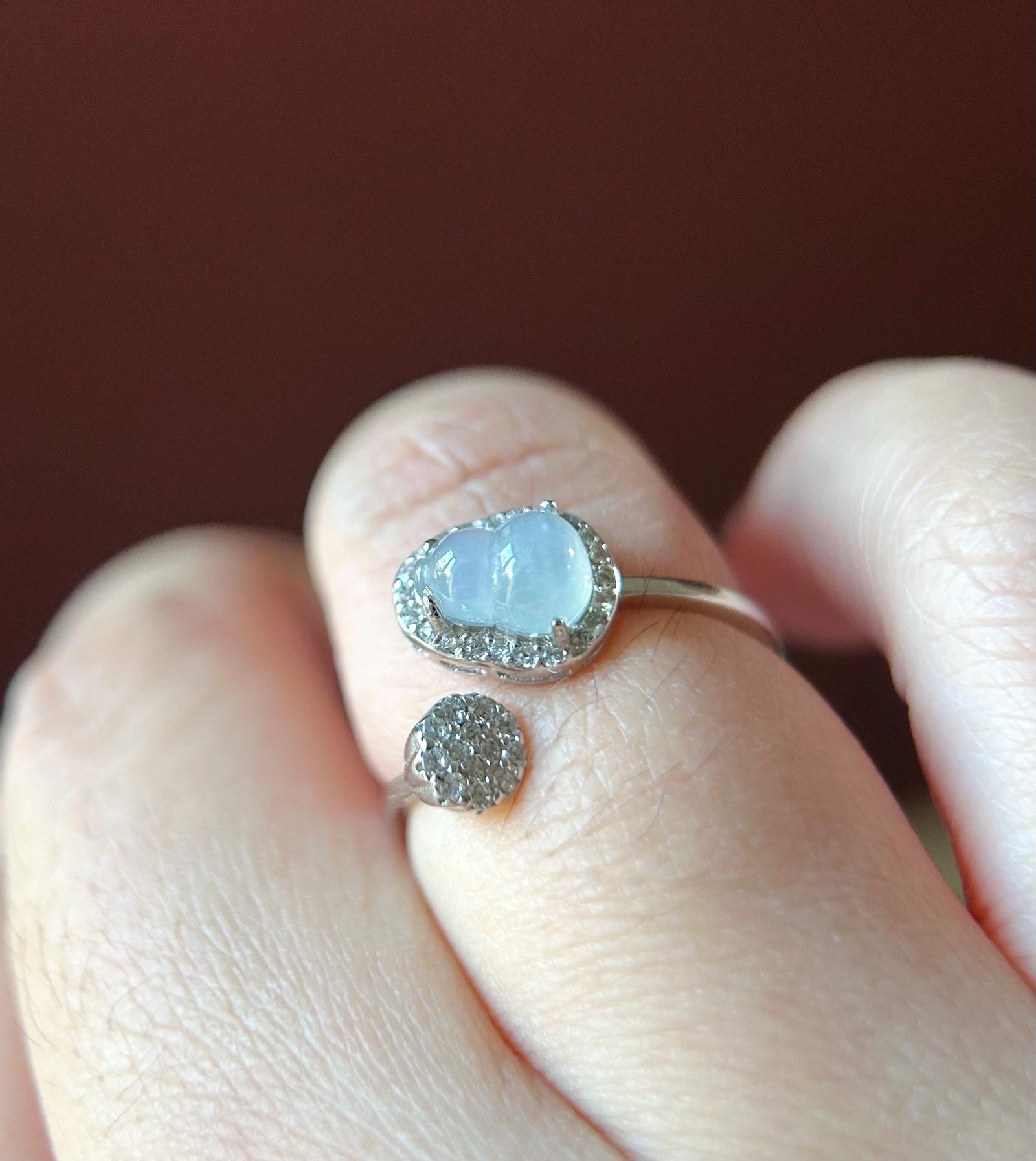 Natural Jadeite Hulu & 925 Sterling Silver Adjustable Ring Burmese Type A Highly Translucent Icy White Jade