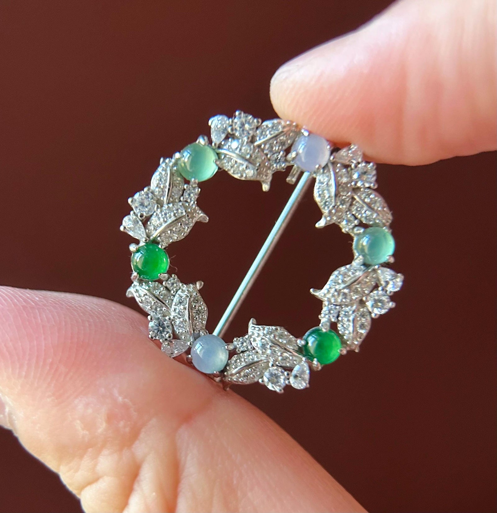 Natural Jadeite & Sterling Silver Brooch Guatemalan and Burmese Type A Untreated Highly Translucent Icy multicolor Jade