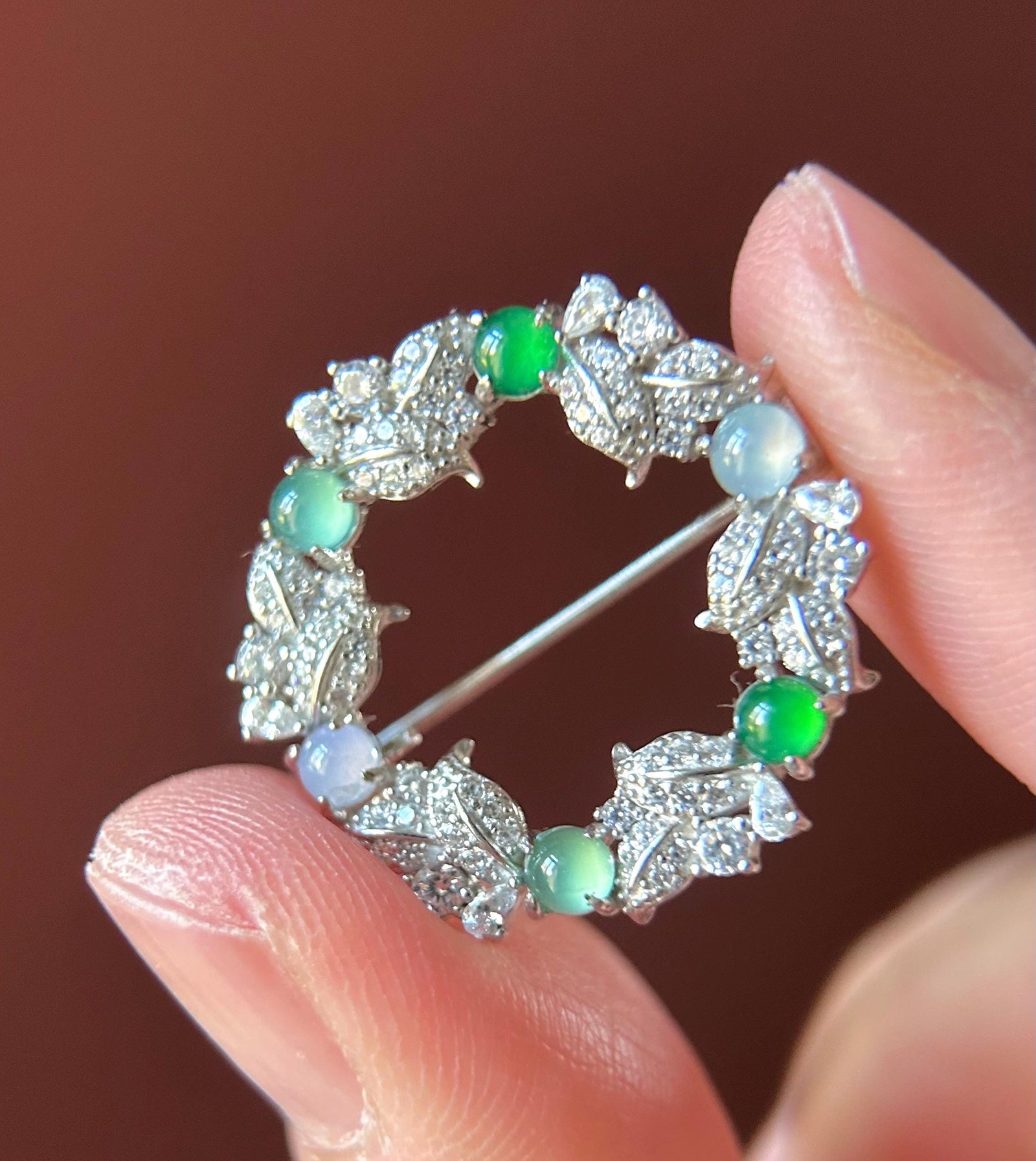 Natural Jadeite & Sterling Silver Brooch Guatemalan and Burmese Type A Untreated Highly Translucent Icy multicolor Jade