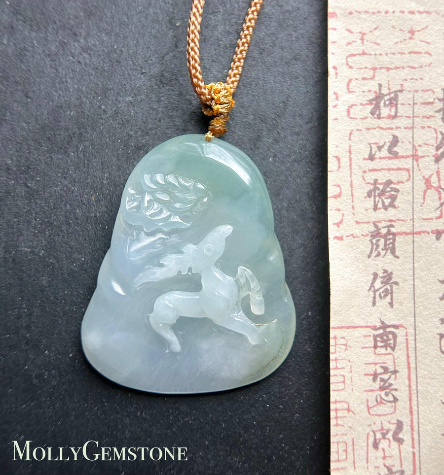 Natural Jadeite HandCarved Deer & Flower Pendant Burmese Untreated Type A Highly Translucent Icy Light Dusty Green Jade