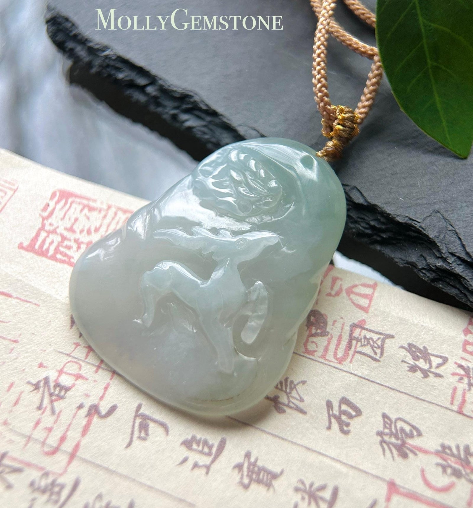 Natural Jadeite HandCarved Deer & Flower Pendant Burmese Untreated Type A Highly Translucent Icy Light Dusty Green Jade