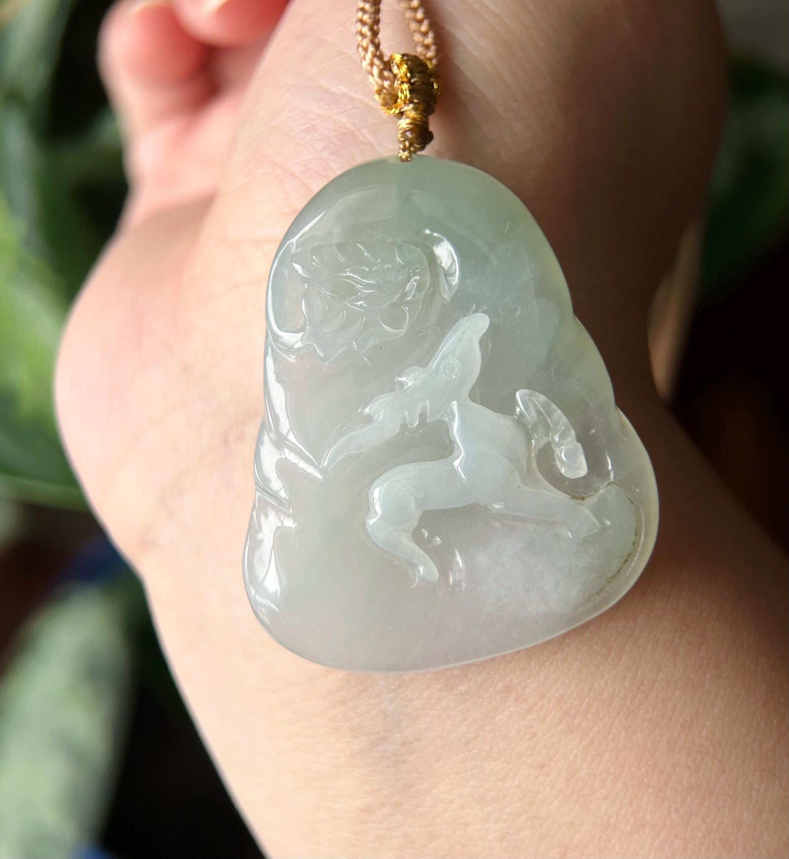 Natural Jadeite HandCarved Deer & Flower Pendant Burmese Untreated Type A Highly Translucent Icy Light Dusty Green Jade