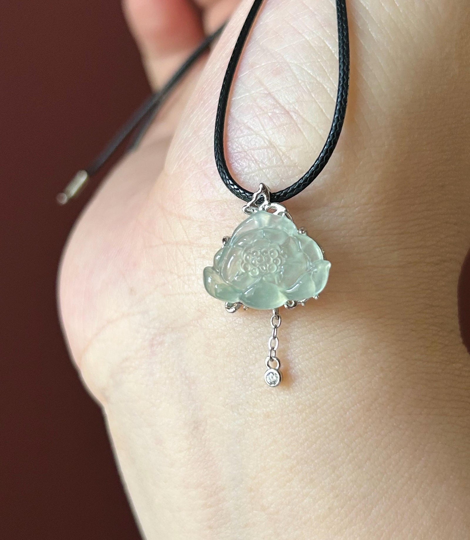 Natural Jadeite Lotus Pendant, Burmese Type A Highly Translucent Icy Light Blue/Green Jade, Sterling Silver Setting