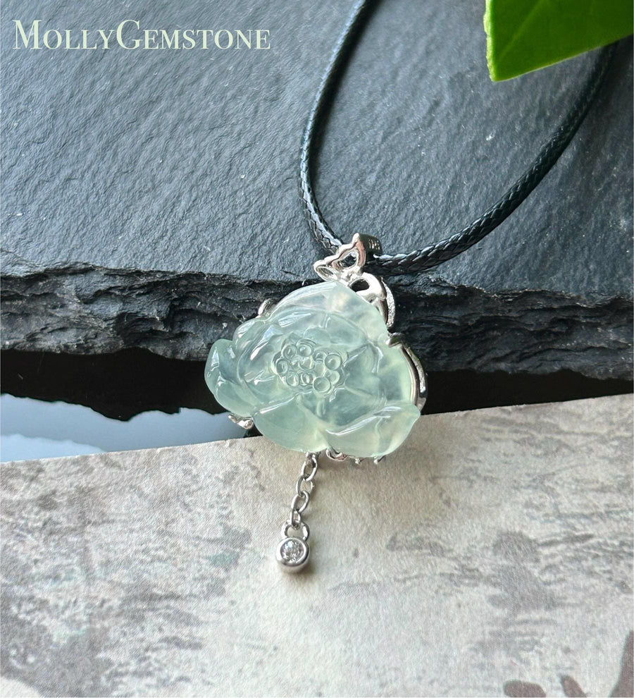 Natural Jadeite Lotus Pendant, Burmese Type A Highly Translucent Icy Light Blue/Green Jade, Sterling Silver Setting