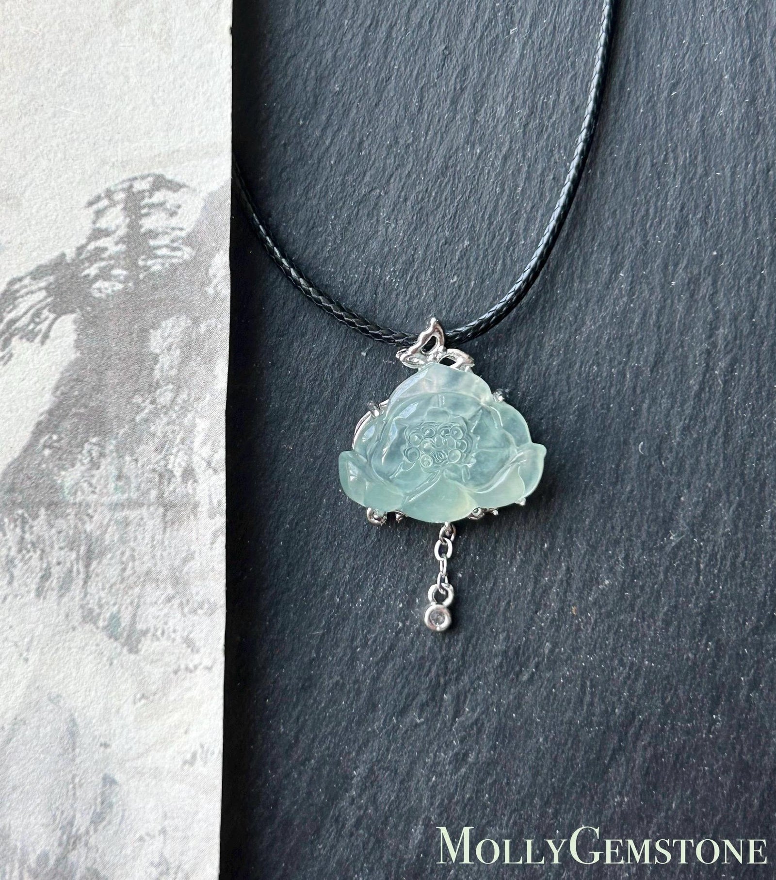 Natural Jadeite Lotus Pendant, Burmese Type A Highly Translucent Icy Light Blue/Green Jade, Sterling Silver Setting