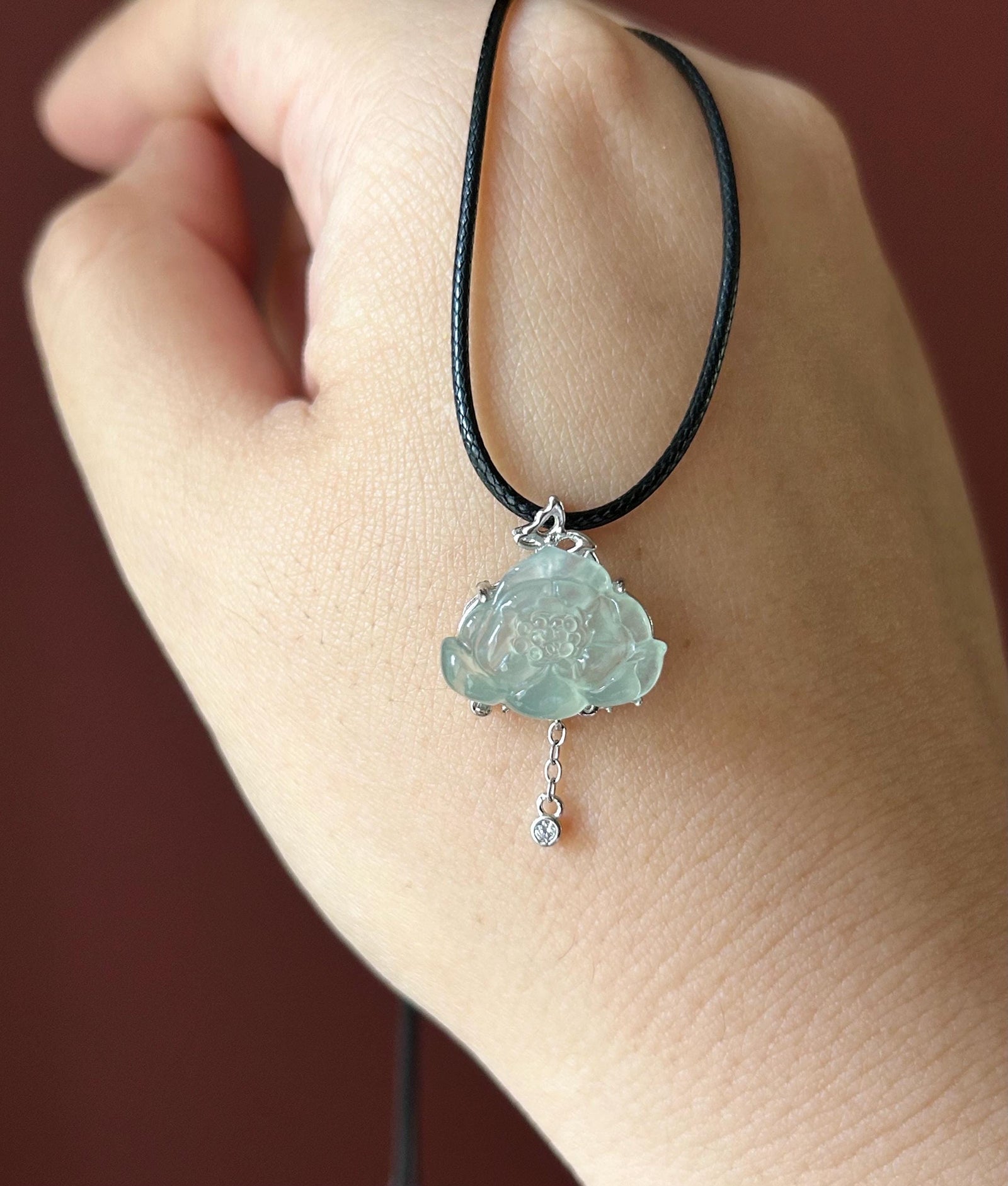 Natural Jadeite Lotus Pendant, Burmese Type A Highly Translucent Icy Light Blue/Green Jade, Sterling Silver Setting