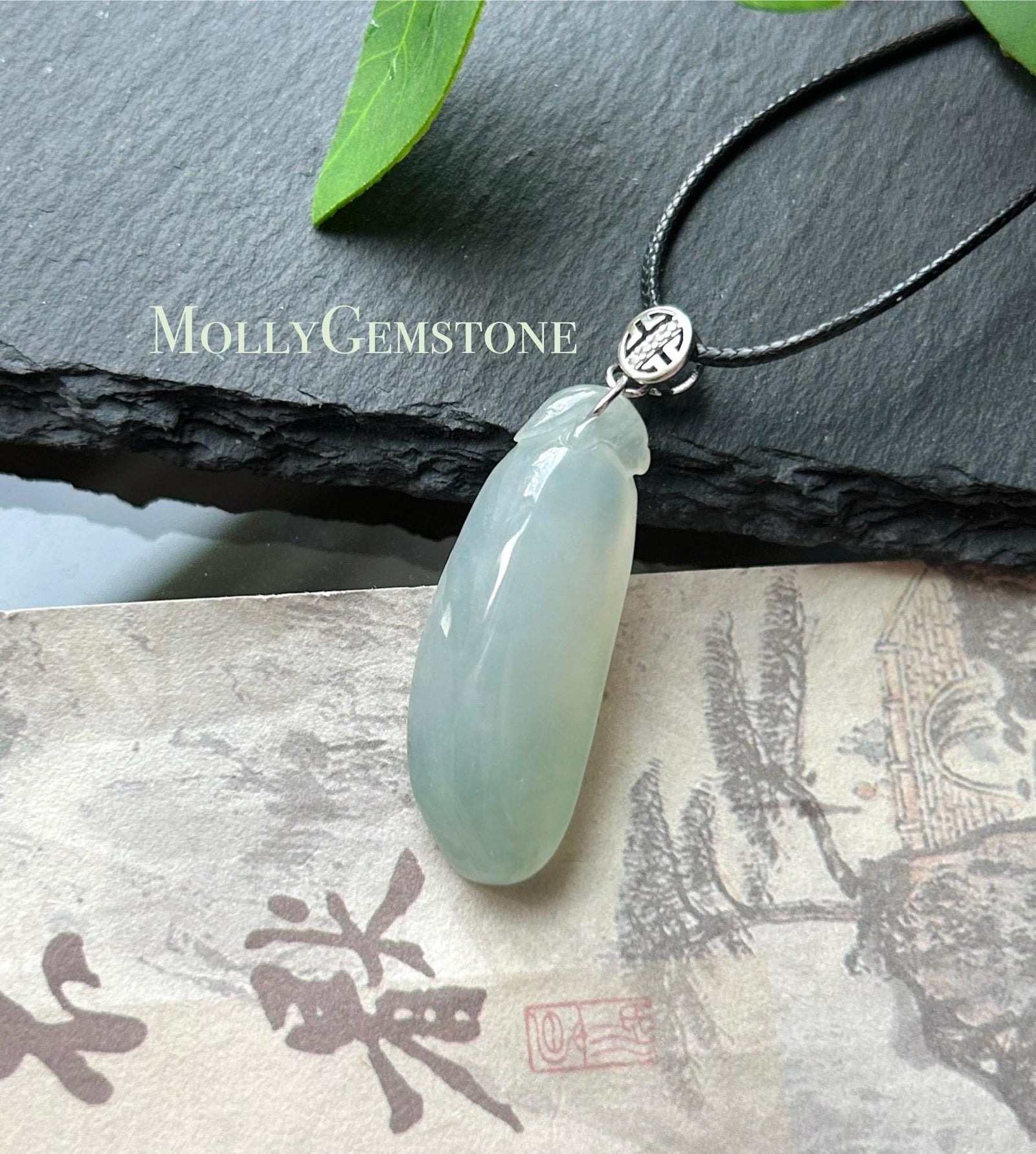Certified Natural Burmese Type A Jadeite Lucky Gourd Pendant, Highly Translucent Icy Light Blue/Green Jade, Sterling Silver Bail