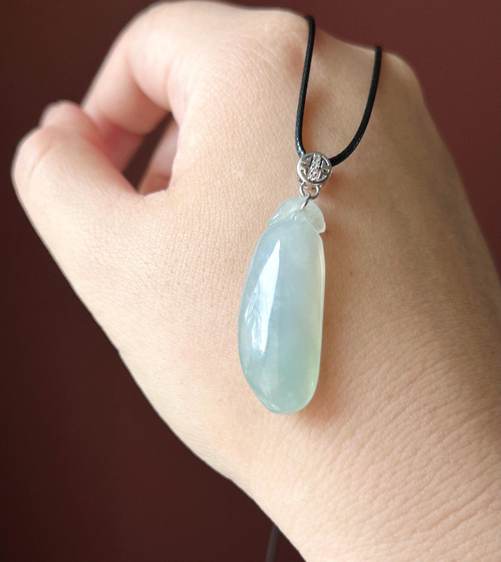 Certified Natural Burmese Type A Jadeite Lucky Gourd Pendant, Highly Translucent Icy Light Blue/Green Jade, Sterling Silver Bail