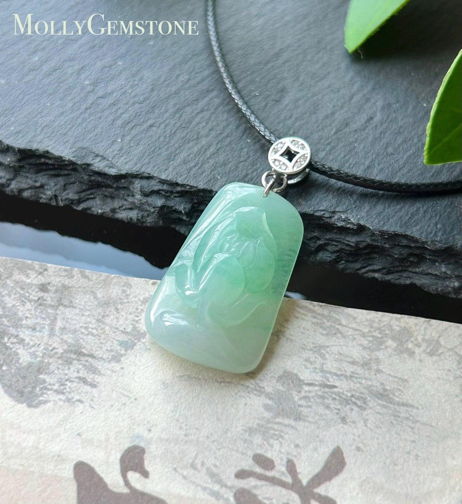 Natural Jadeite Lotus Pendant, Burmese Type A Icy Translucent Icy Apple Green Jade, Sterling Silver Bail