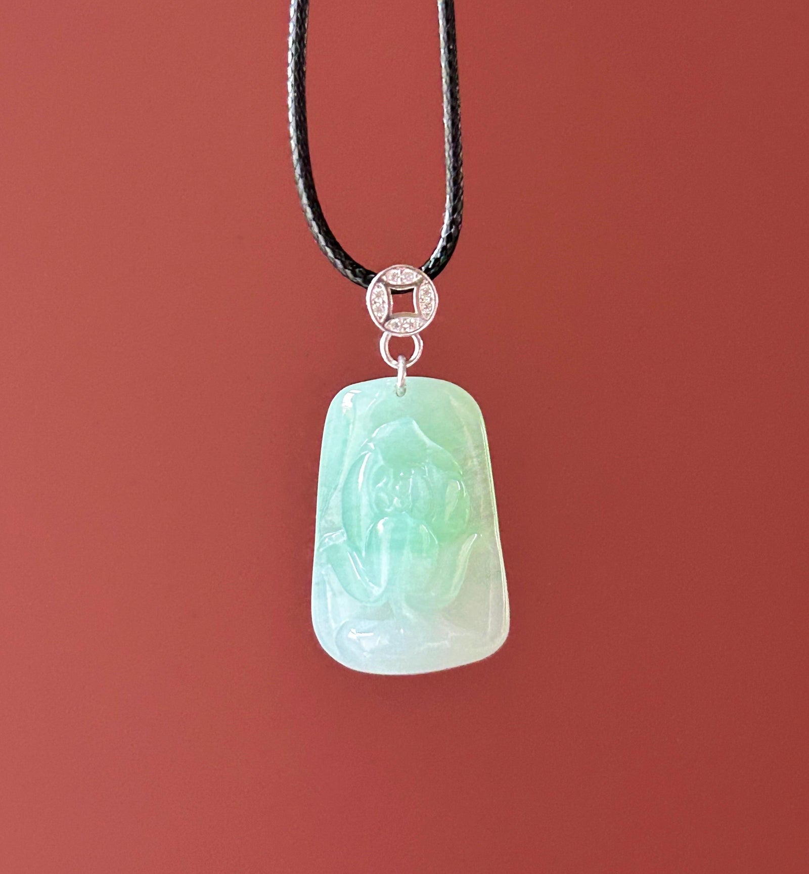 Natural Jadeite Lotus Pendant, Burmese Type A Icy Translucent Icy Apple Green Jade, Sterling Silver Bail